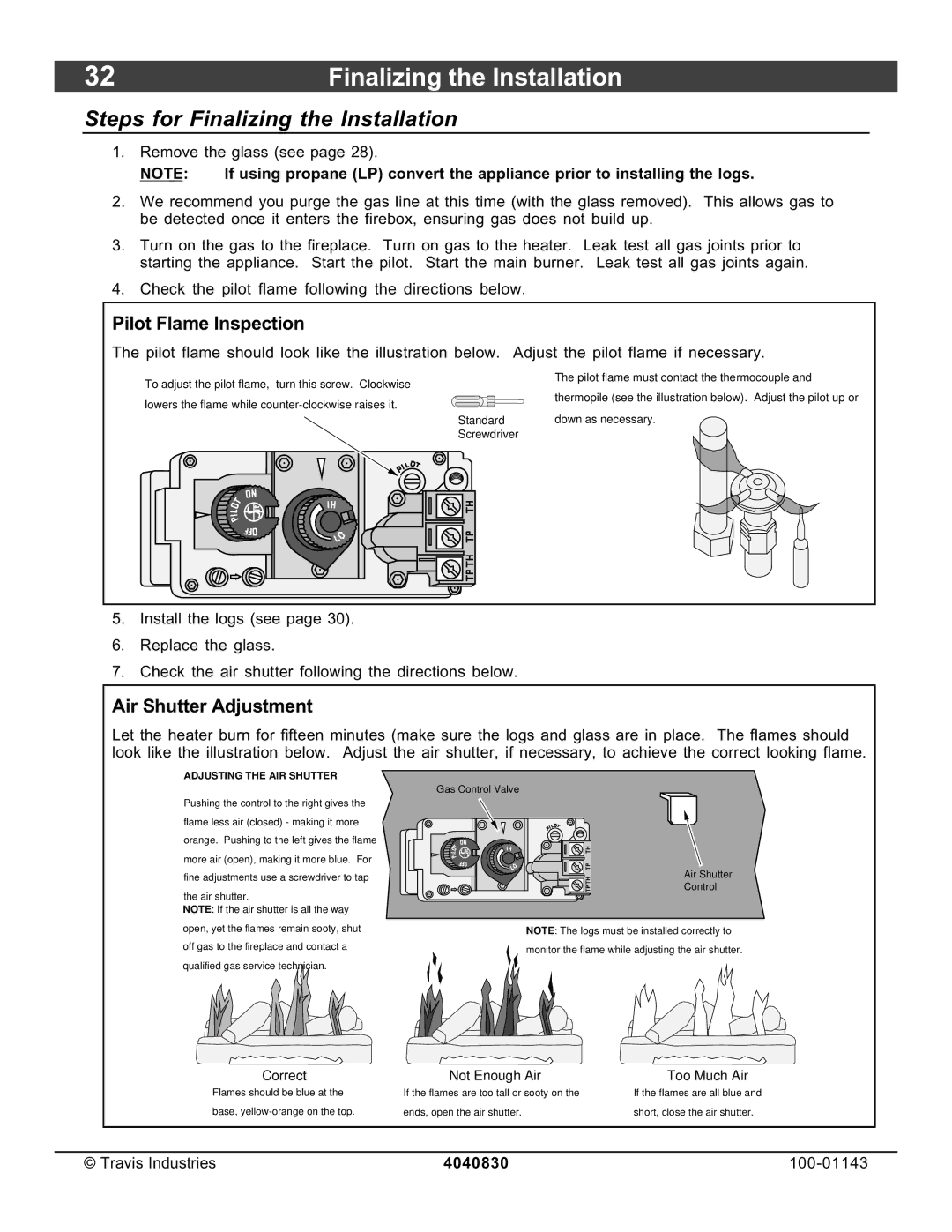 Avalon Stoves 21 DV Fireplace manual Steps for Finalizing the Installation, Pilot Flame Inspection, Air Shutter Adjustment 