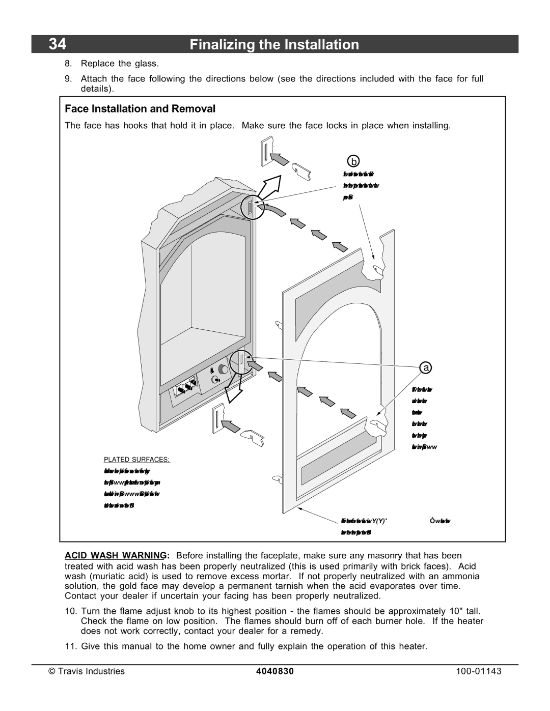 Avalon Stoves 21 DV Fireplace manual Face Installation and Removal, Plated Surfaces 