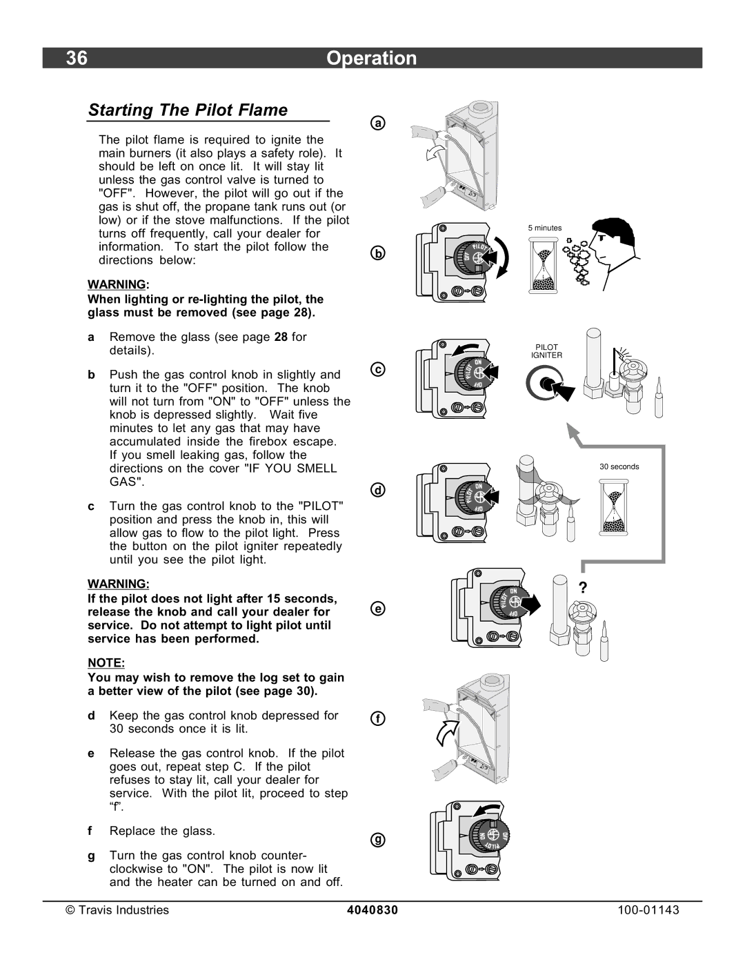 Avalon Stoves 21 DV Fireplace manual 36Operation, Starting The Pilot Flame 