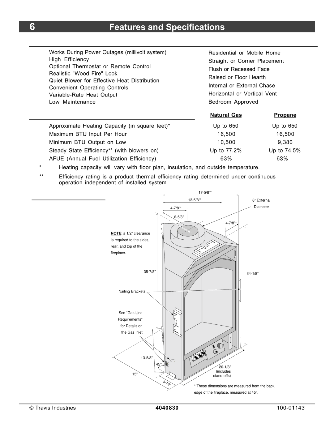 Avalon Stoves 21 DV Fireplace manual Features Installation Options, Heating Specifications, Dimensions 