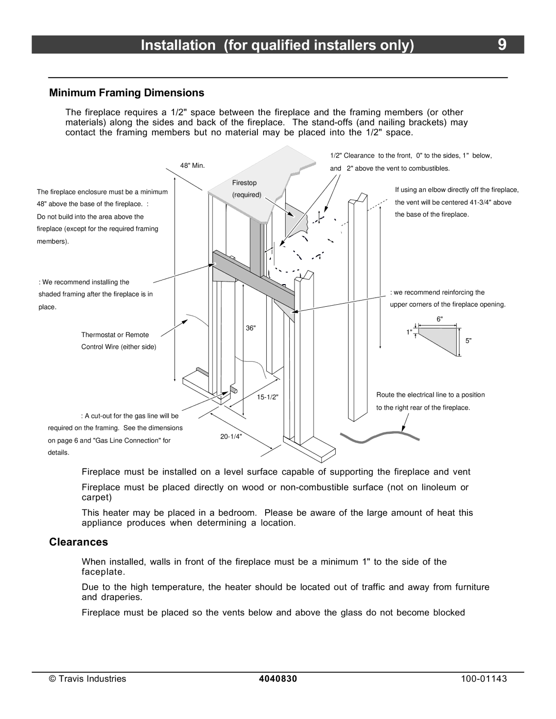 Avalon Stoves 21 DV Fireplace manual Fireplace Placement Requirements, Minimum Framing Dimensions, Clearances 