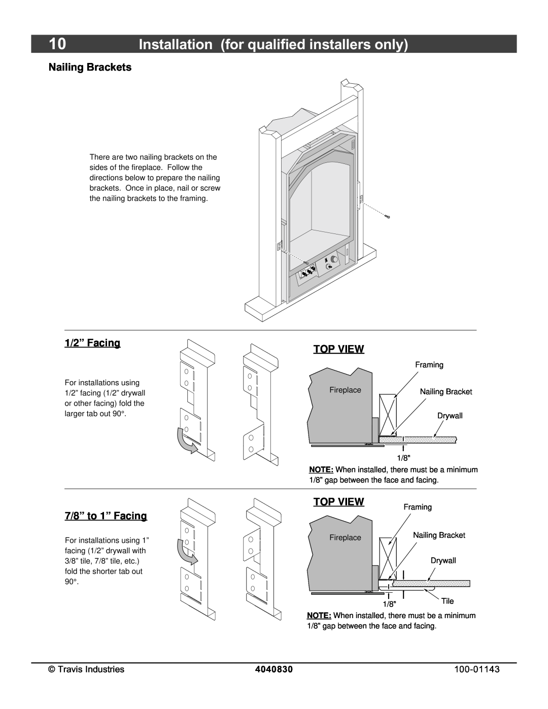 Avalon Stoves 21 DV Fireplace manual Installation for qualified installers only, 1/2” Facing, 7/8” to 1” Facing, Top View 