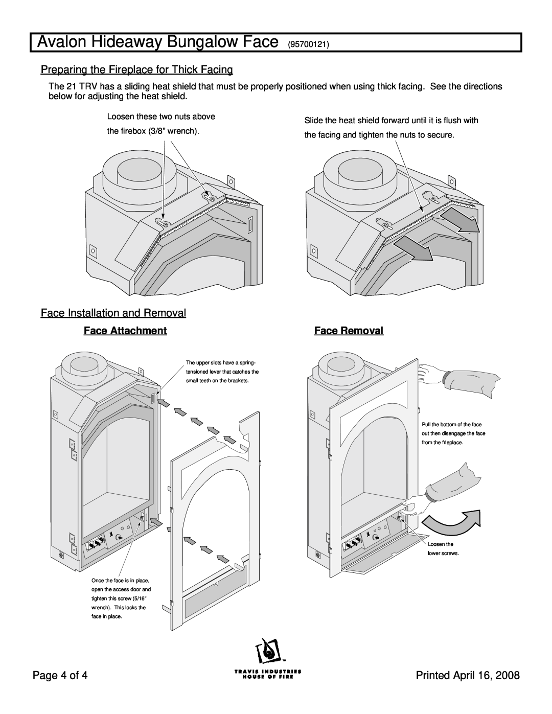 Avalon Stoves 21 TRV Preparing the Fireplace for Thick Facing, Face Installation and Removal, Page 4 of, Face Attachment 