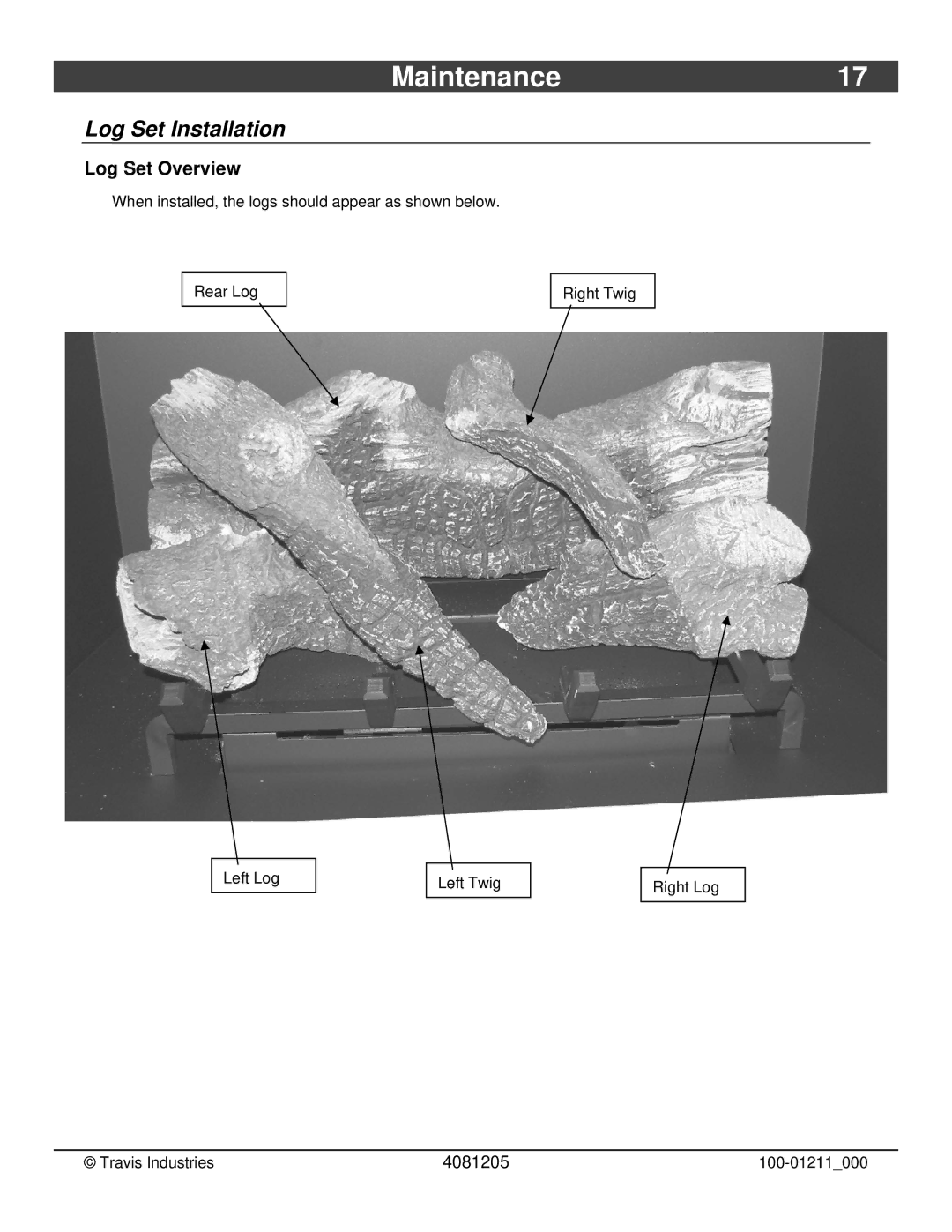 Avalon Stoves 564 SS owner manual Maintenance17, Log Set Installation, Log Set Overview 