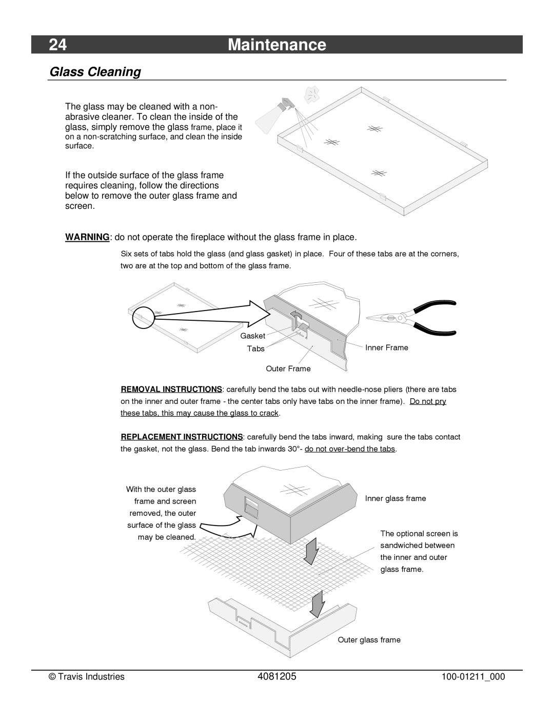 Avalon Stoves 564 SS owner manual 24Maintenance, Glass Cleaning 