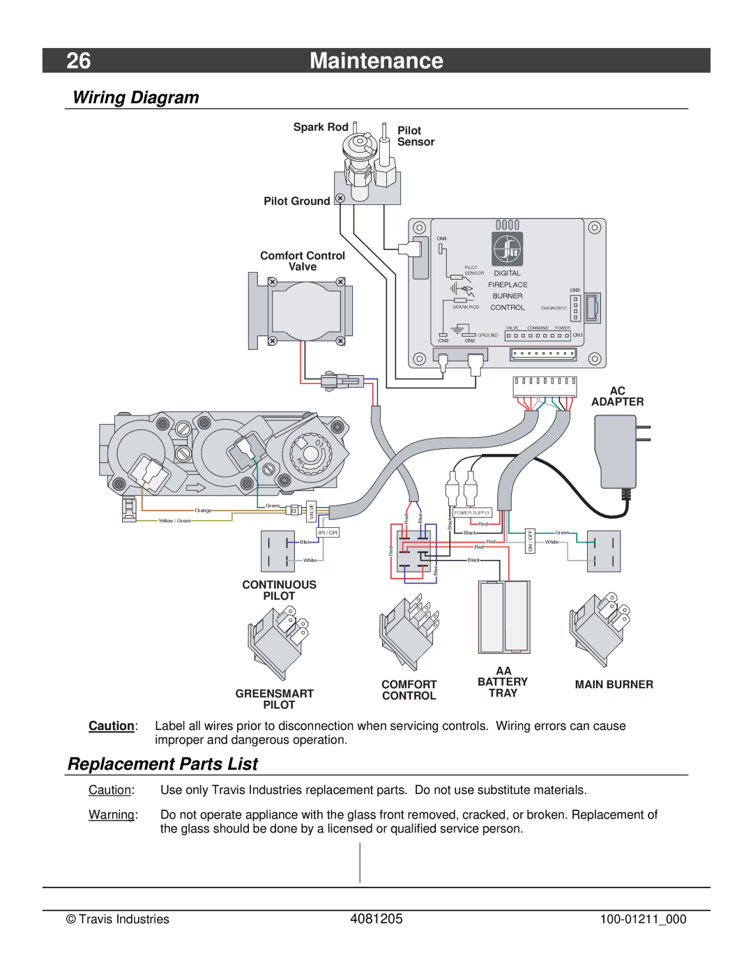 Avalon Stoves 564 SS owner manual 26Maintenance, Wiring Diagram, Replacement Parts List 