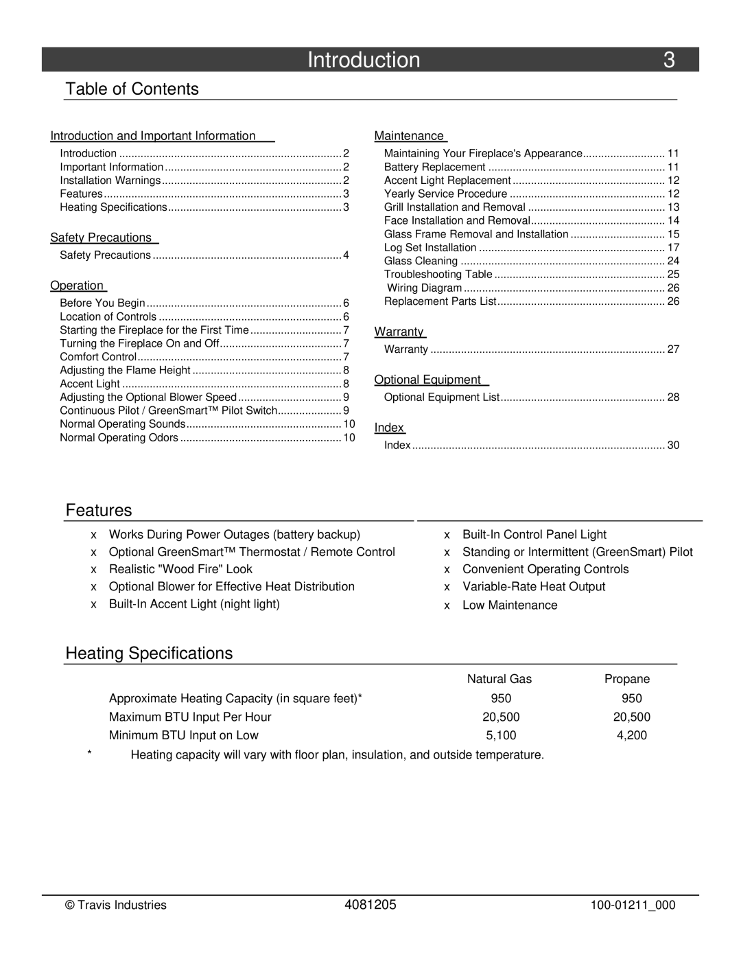 Avalon Stoves 564 SS owner manual Introduction3, Table of Contents, Features, Heating Specifications 