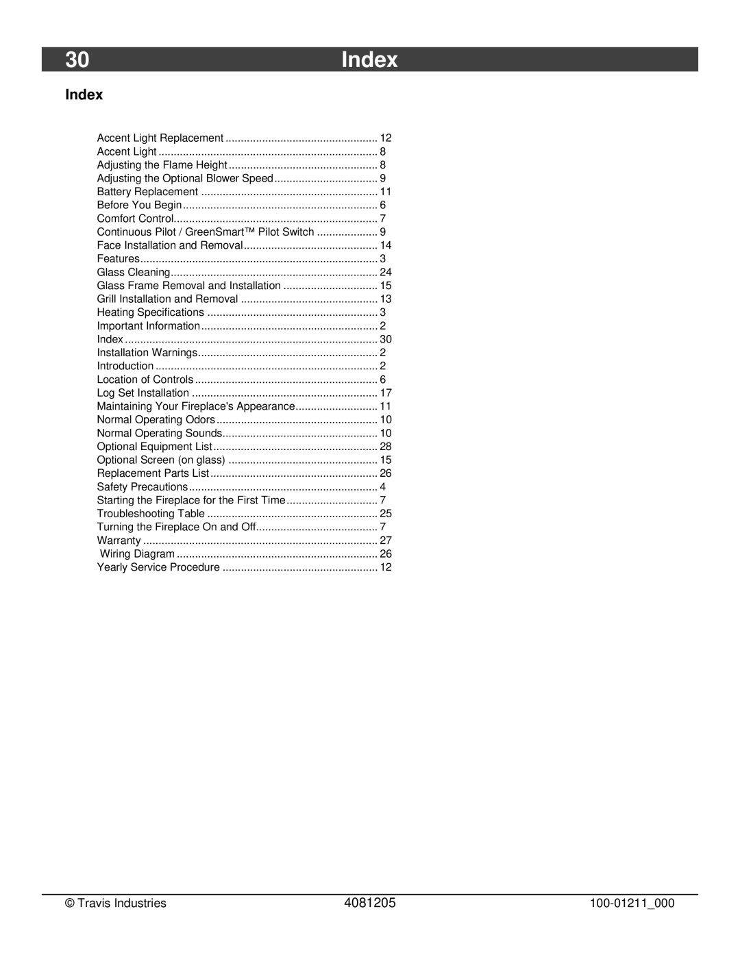 Avalon Stoves 564 SS owner manual 30Index 