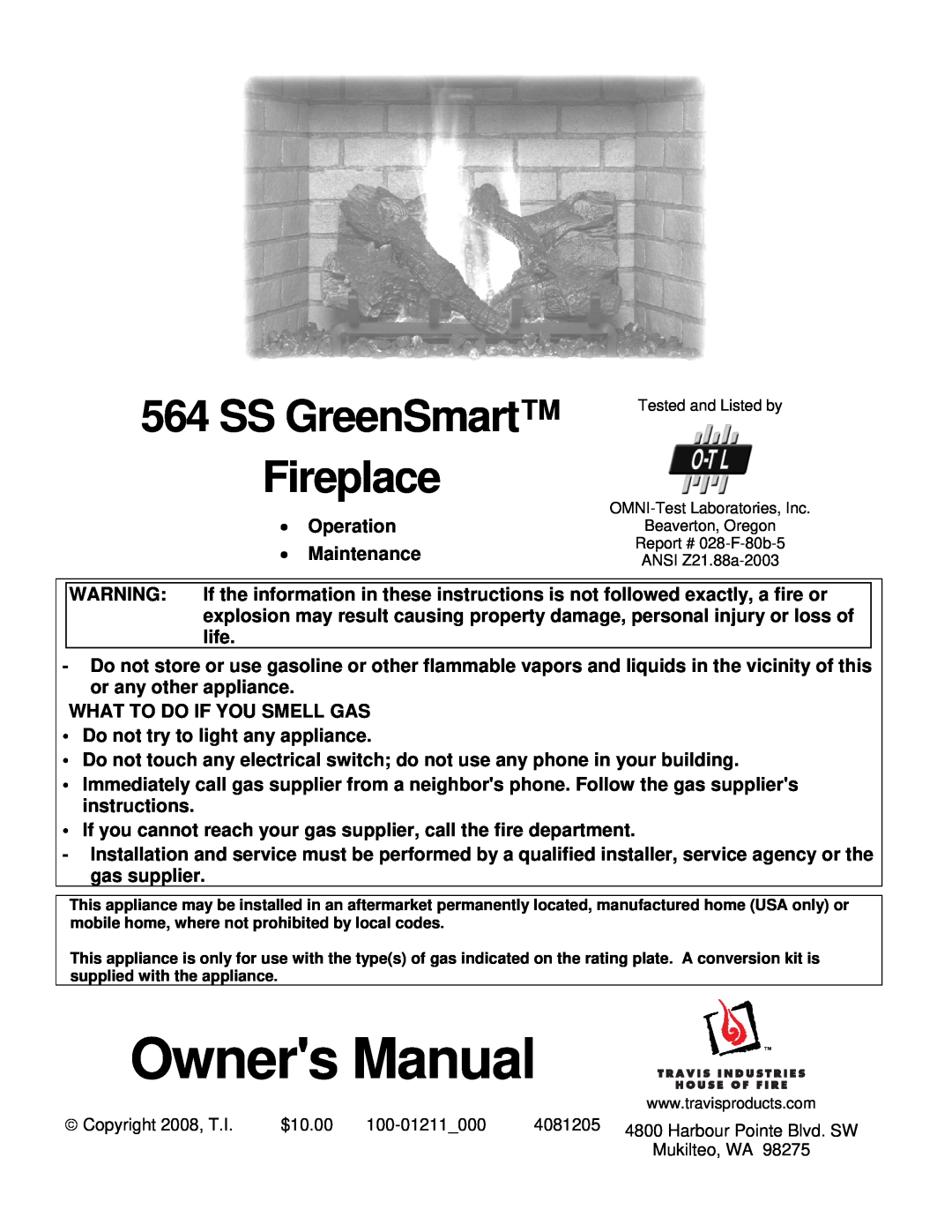 Avalon Stoves 564 SS owner manual SS GreenSmart, Fireplace 