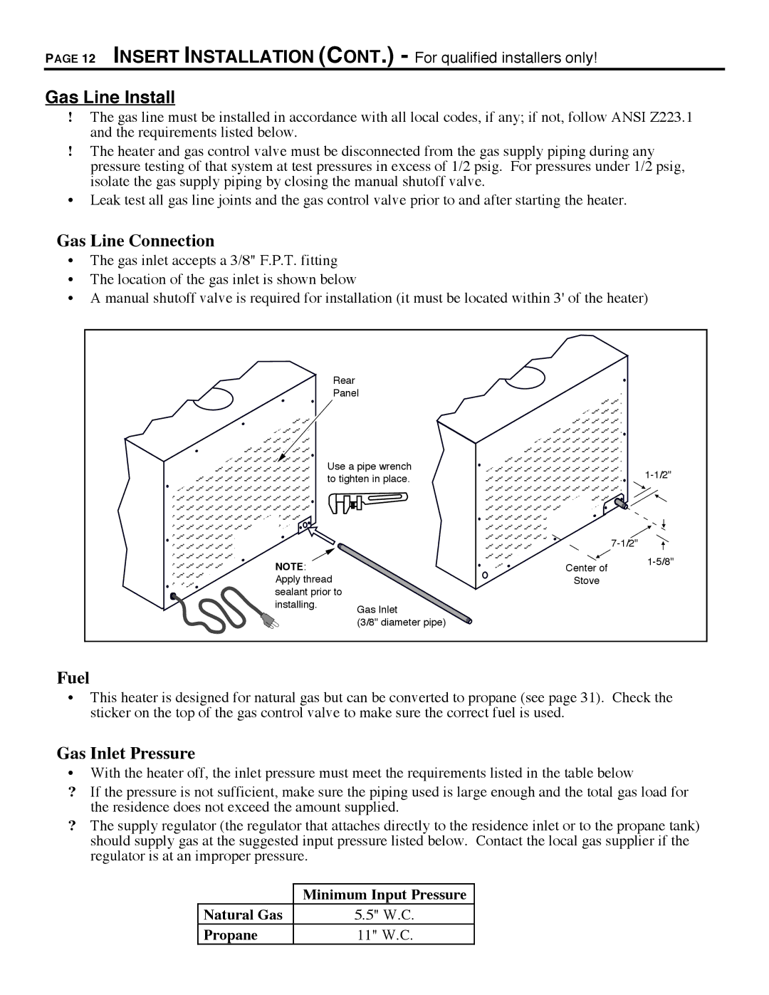 Avalon Stoves 700 B-VENT manual Gas Line Install, Gas Line Connection, Fuel 