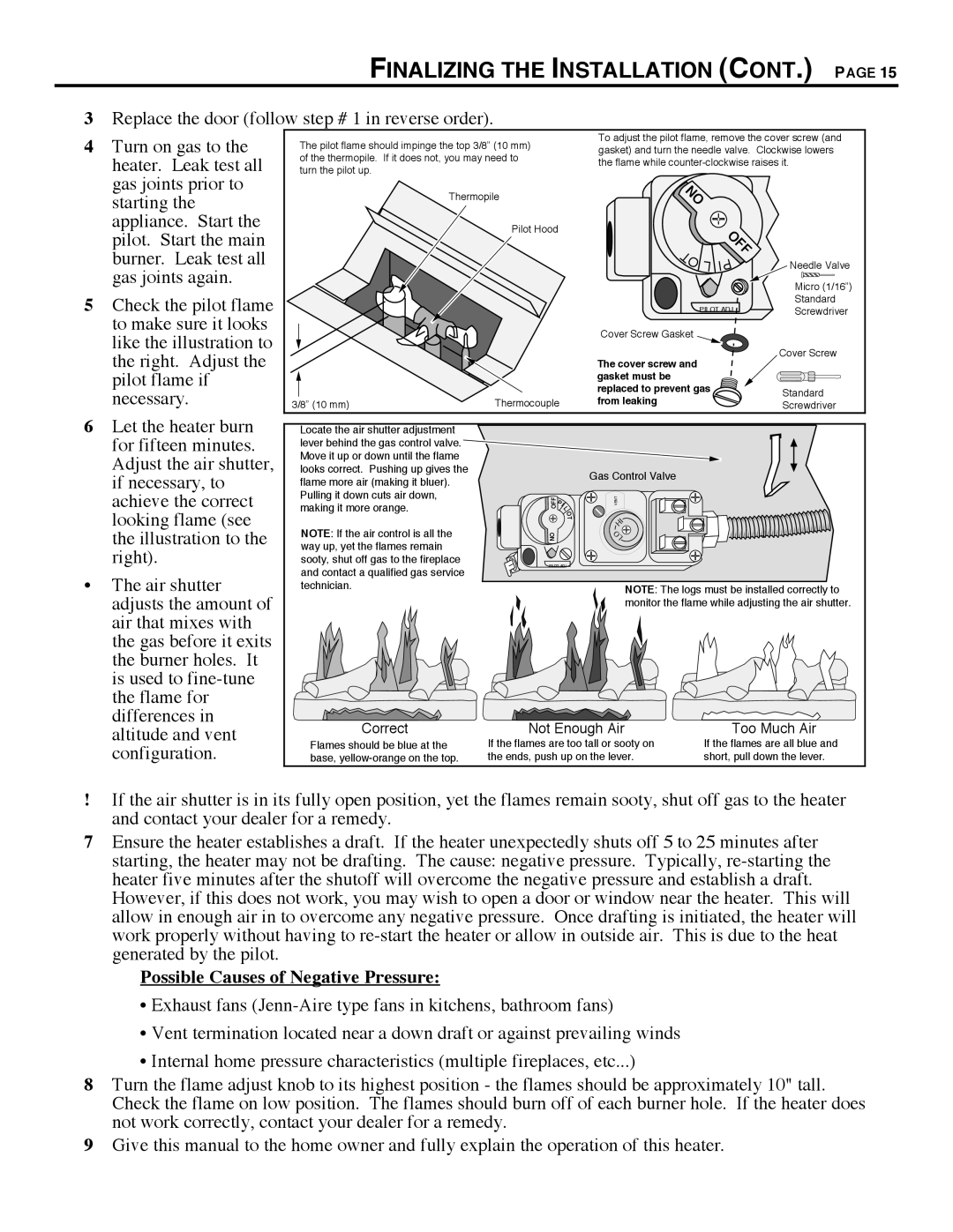 Avalon Stoves 700 B-VENT manual Finalizing the Installation CONT, Heater. Leak test all 