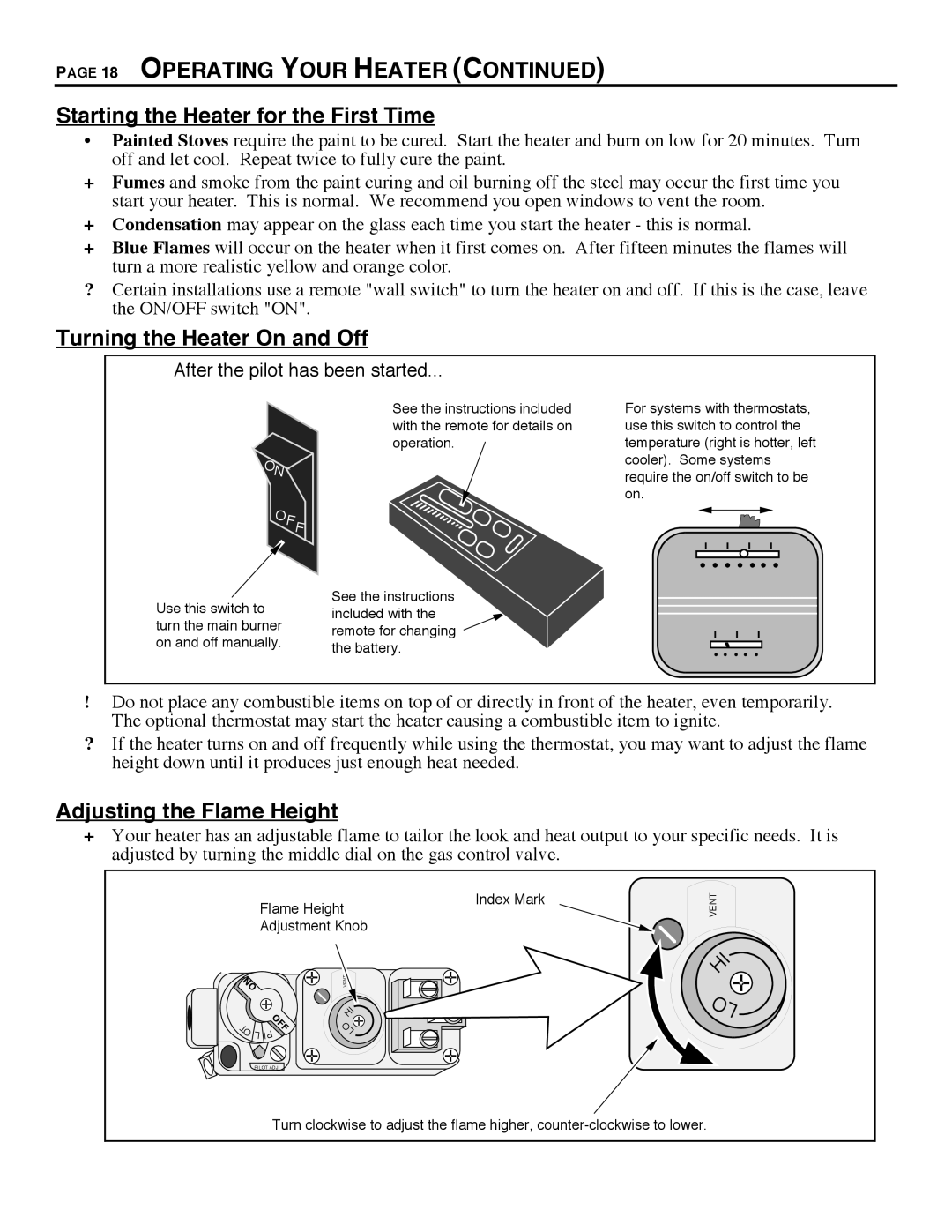 Avalon Stoves 700 B-VENT Operating Your Heater, Starting the Heater for the First Time, Turning the Heater On and Off 