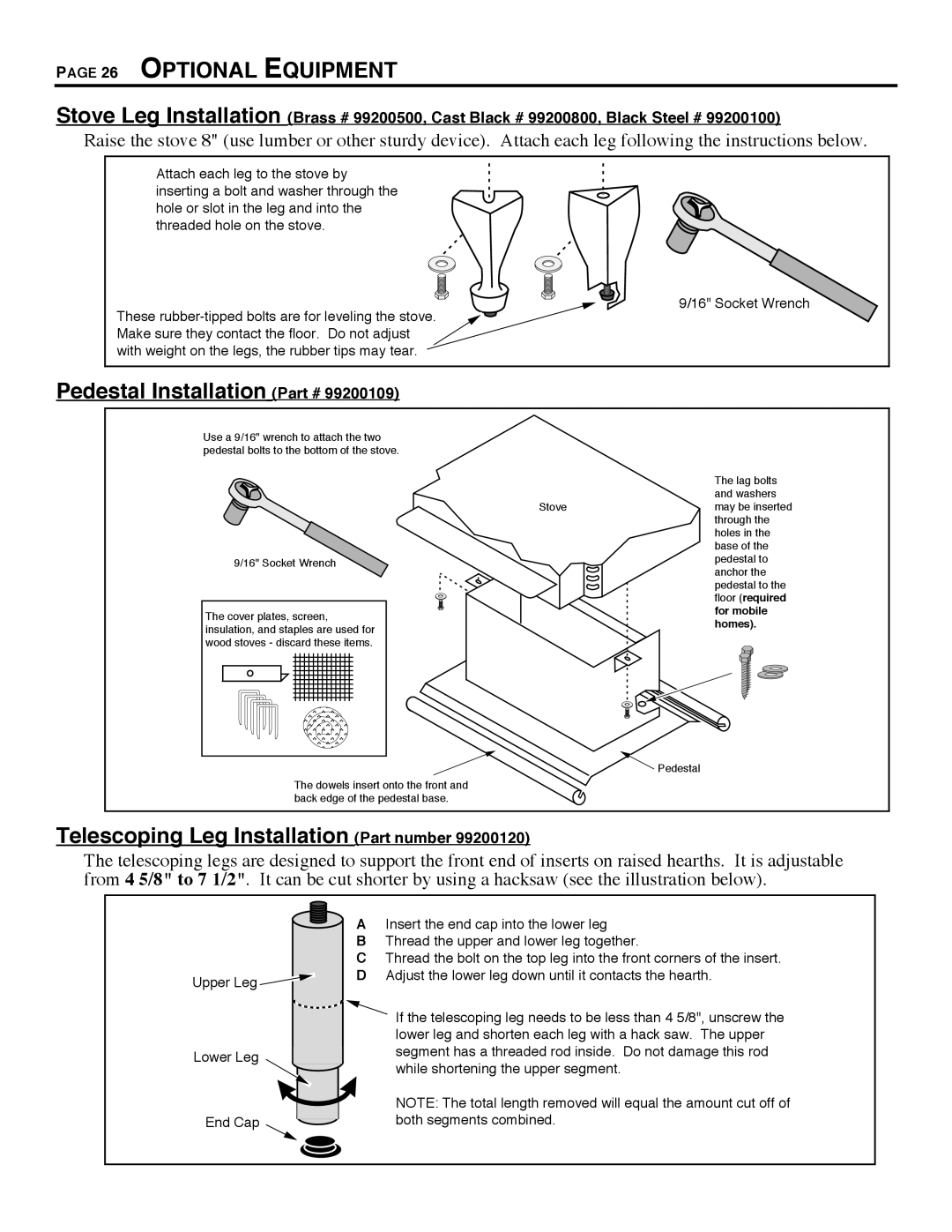 Avalon Stoves 700 B-VENT manual Optional Equipment, Pedestal Installation, Telescoping Leg Installation Part number 