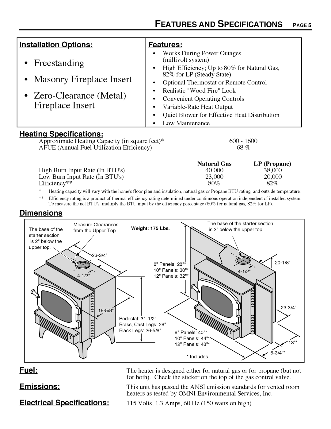 Avalon Stoves 700 B-VENT Features and Specifications, Installation Options Features, Heating Specifications, Dimensions 