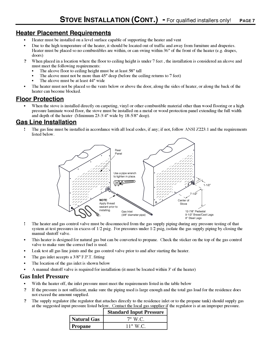 Avalon Stoves 700 B-VENT manual Heater Placement Requirements, Floor Protection, Gas Line Installation, Gas Inlet Pressure 