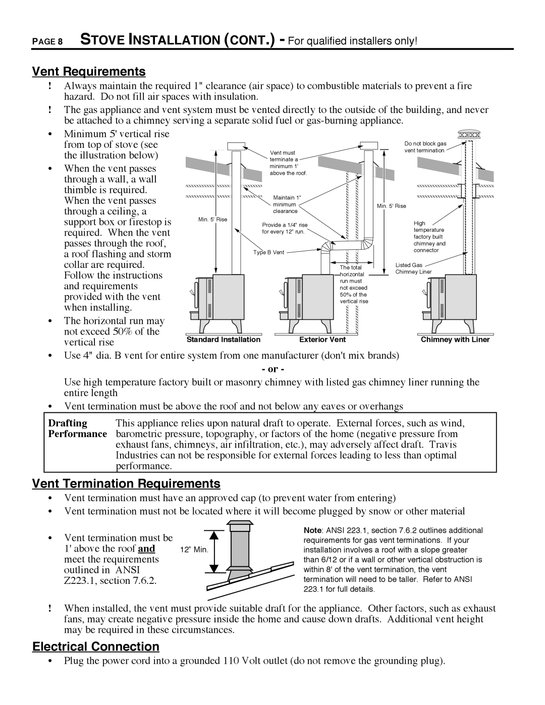 Avalon Stoves 700 B-VENT manual Vent Requirements, Vent Termination Requirements, Electrical Connection 