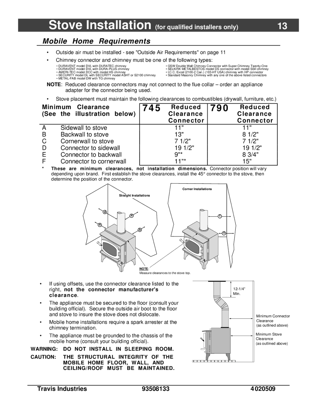 Avalon Stoves 745, 790 owner manual Mobile Home Requirements, Minimum Clearance 5 Reduced See Illustration below Connector 