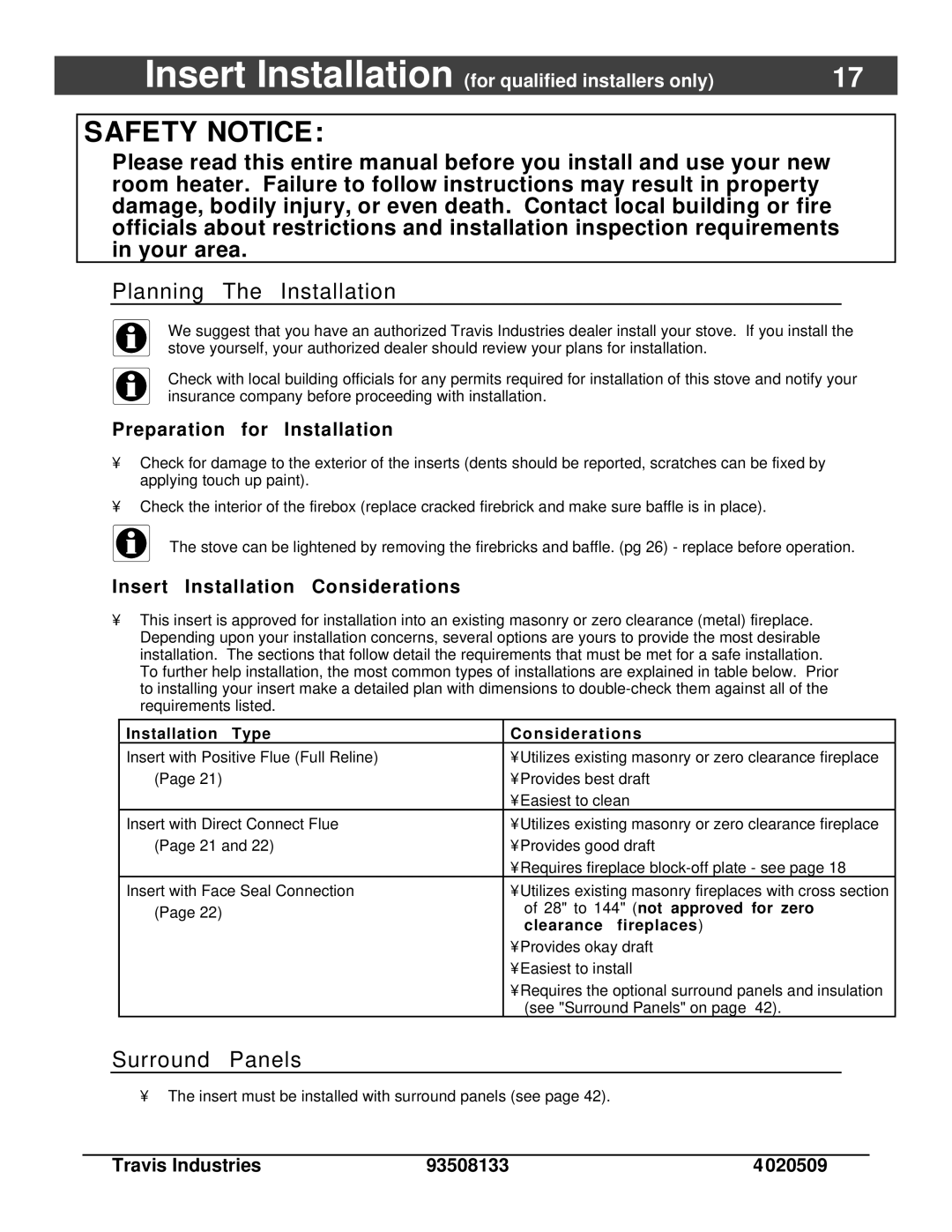 Avalon Stoves 745, 790 owner manual Surround Panels, Insert Installation Considerations, 28 to 144 not approved for zero 