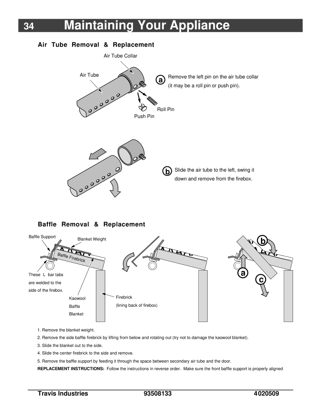 Avalon Stoves 790, 745 owner manual Air Tube Removal & Replacement, Baffle Removal & Replacement 