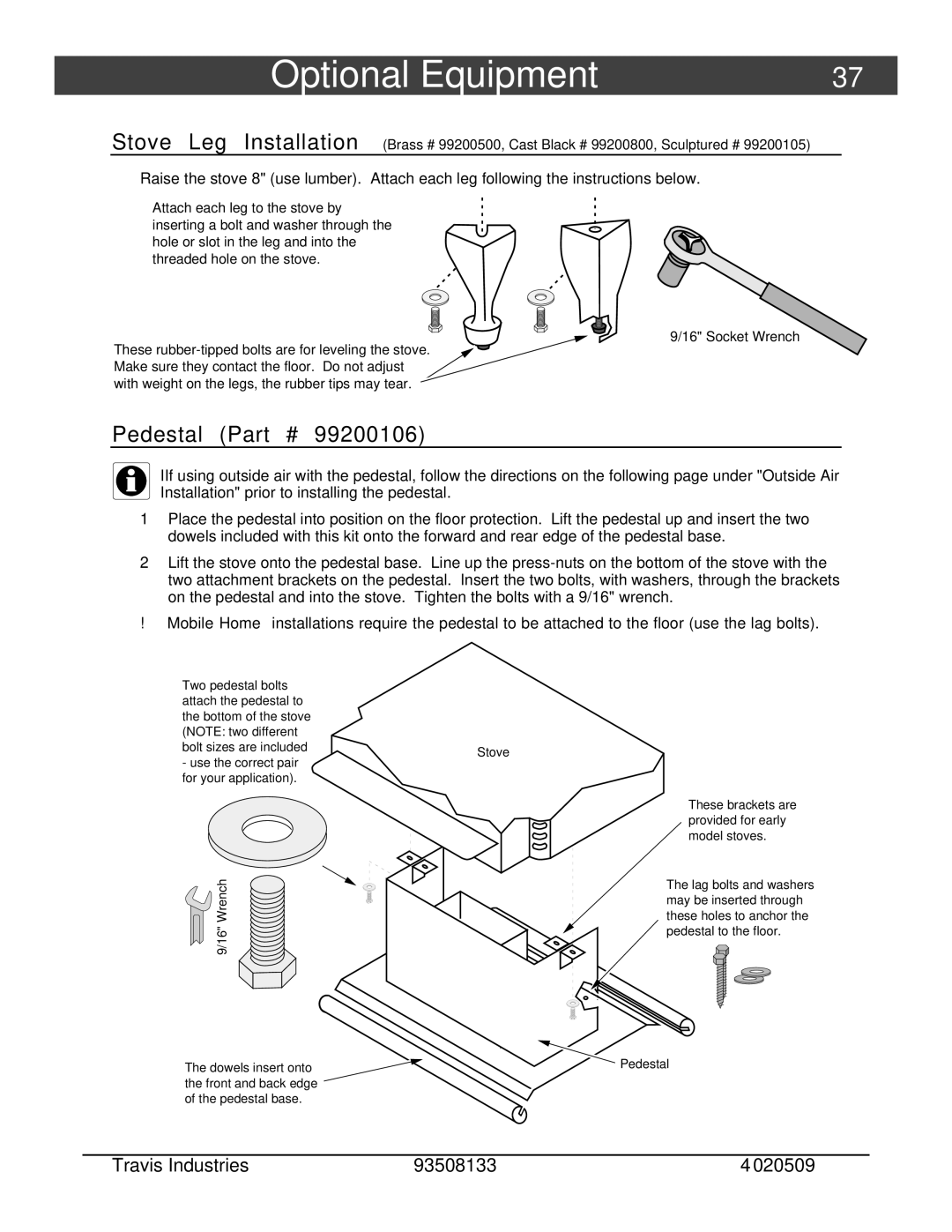 Avalon Stoves 745, 790 owner manual Optional Equipment, Pedestal 