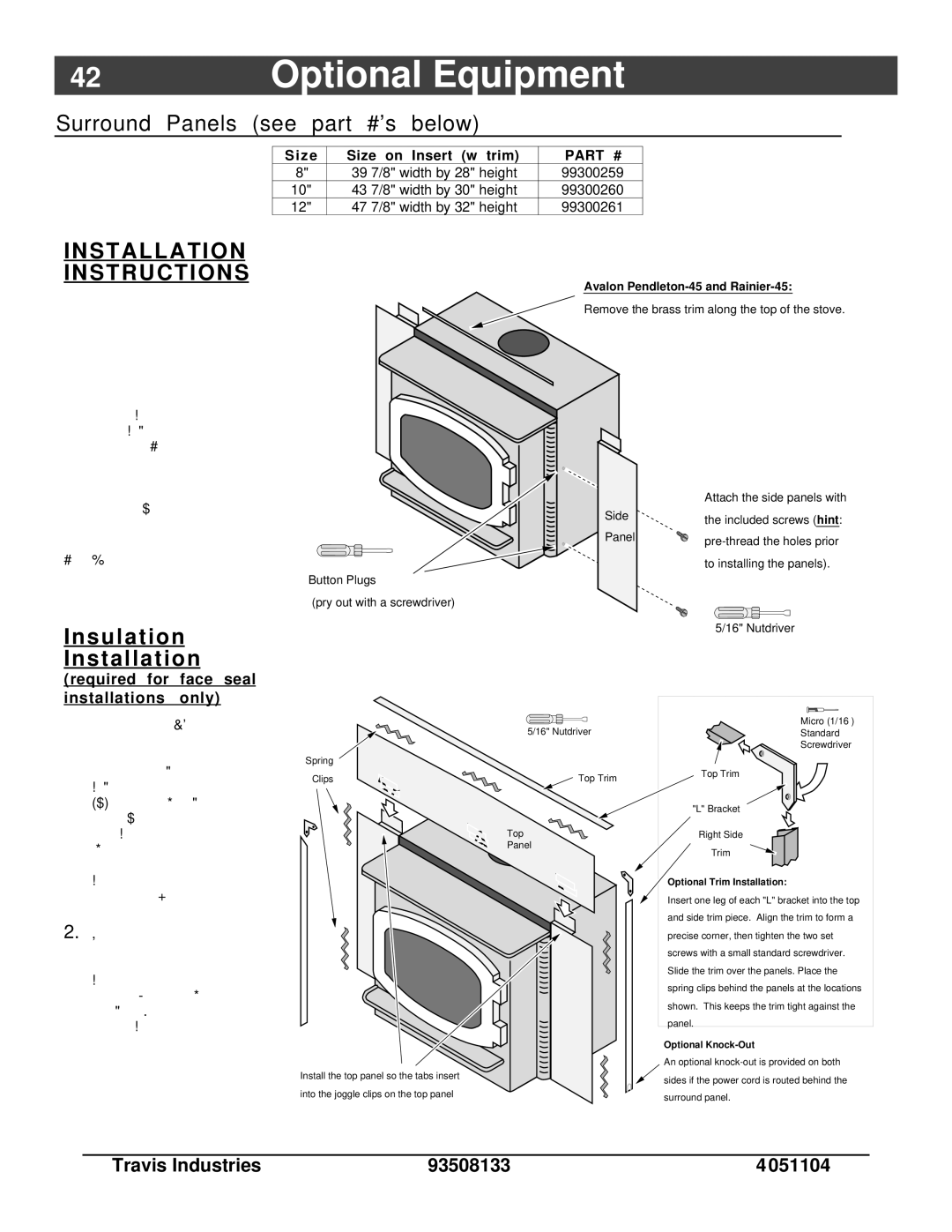 Avalon Stoves 790 Surround Panels see Below, Travis Industries 93508133 051104, Required for face seal installations only 