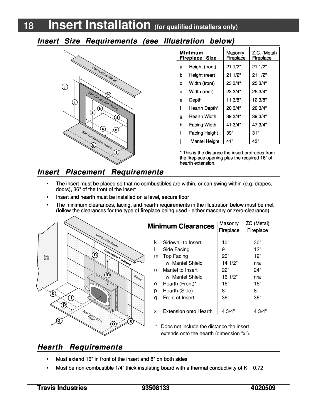 Avalon Stoves 790, 745 Insert Size Requirements see Illustration below, Insert Placement Requirements, Hearth Requirements 