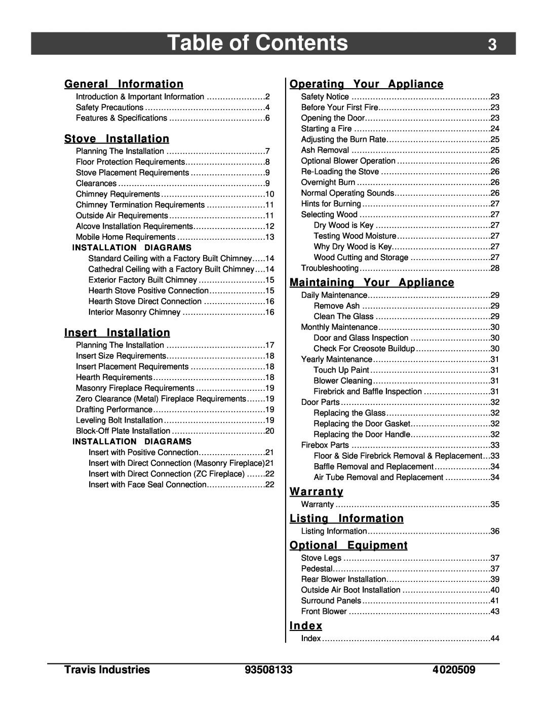 Avalon Stoves 745, 790 owner manual Table of Contents, Insert with Direct Connection Masonry Fireplace21 