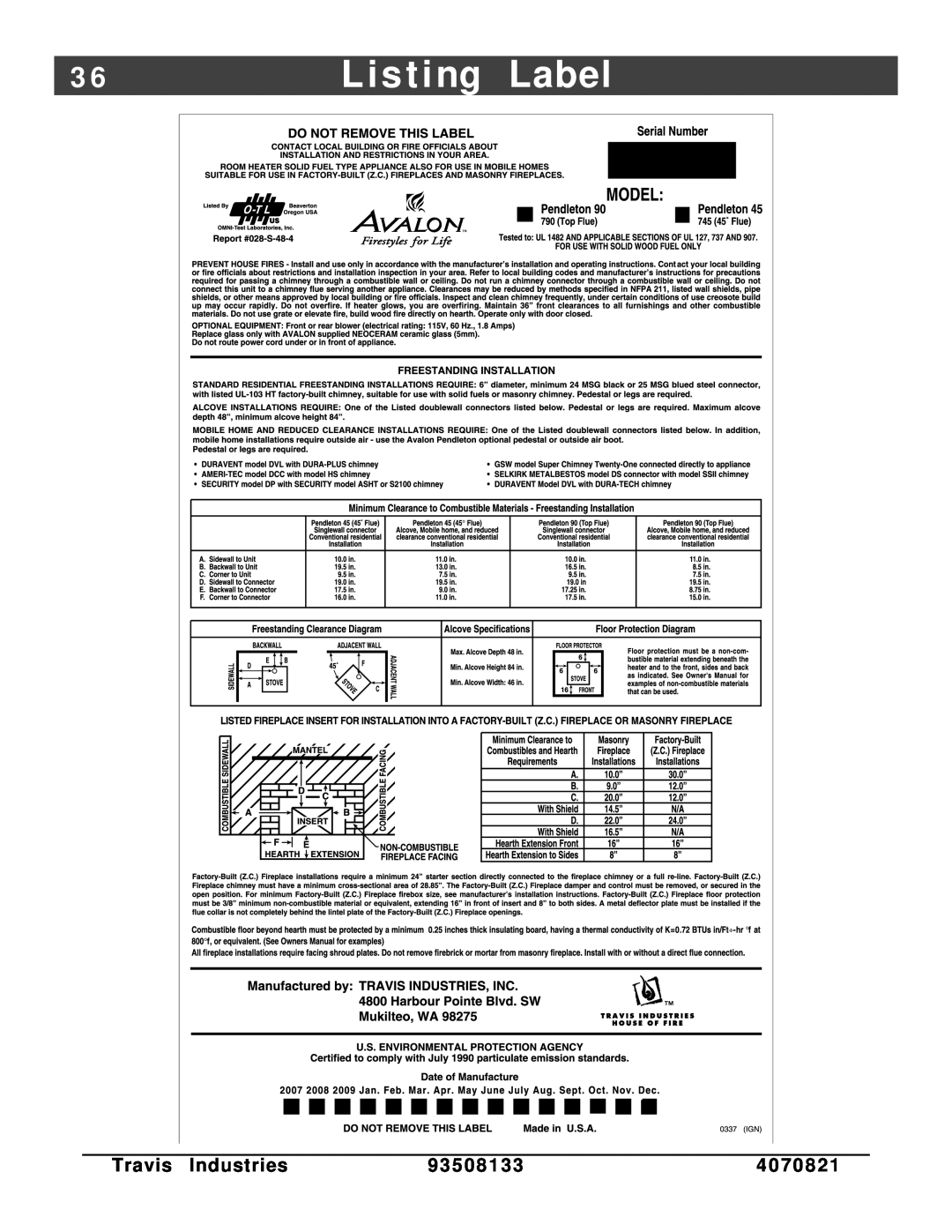 Avalon Stoves 790, 745 owner manual Listing Label, Travis, Industries, 93508133 