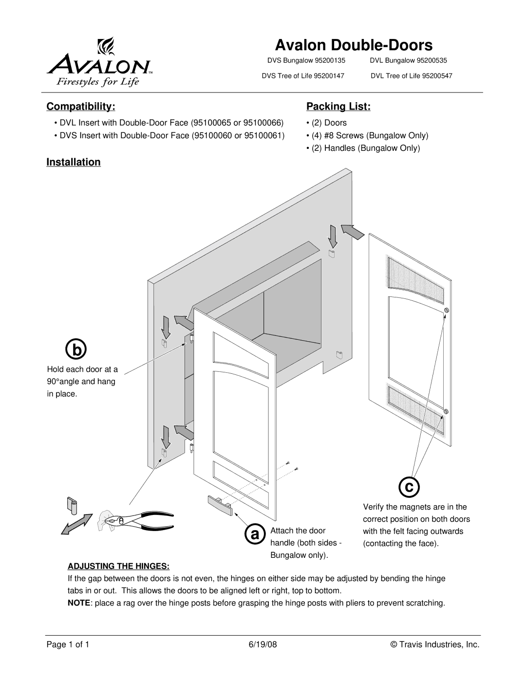 Avalon Stoves 95200135 manual Avalon Double-Doors, Compatibility Packing List, Installation, Adjusting the Hinges 