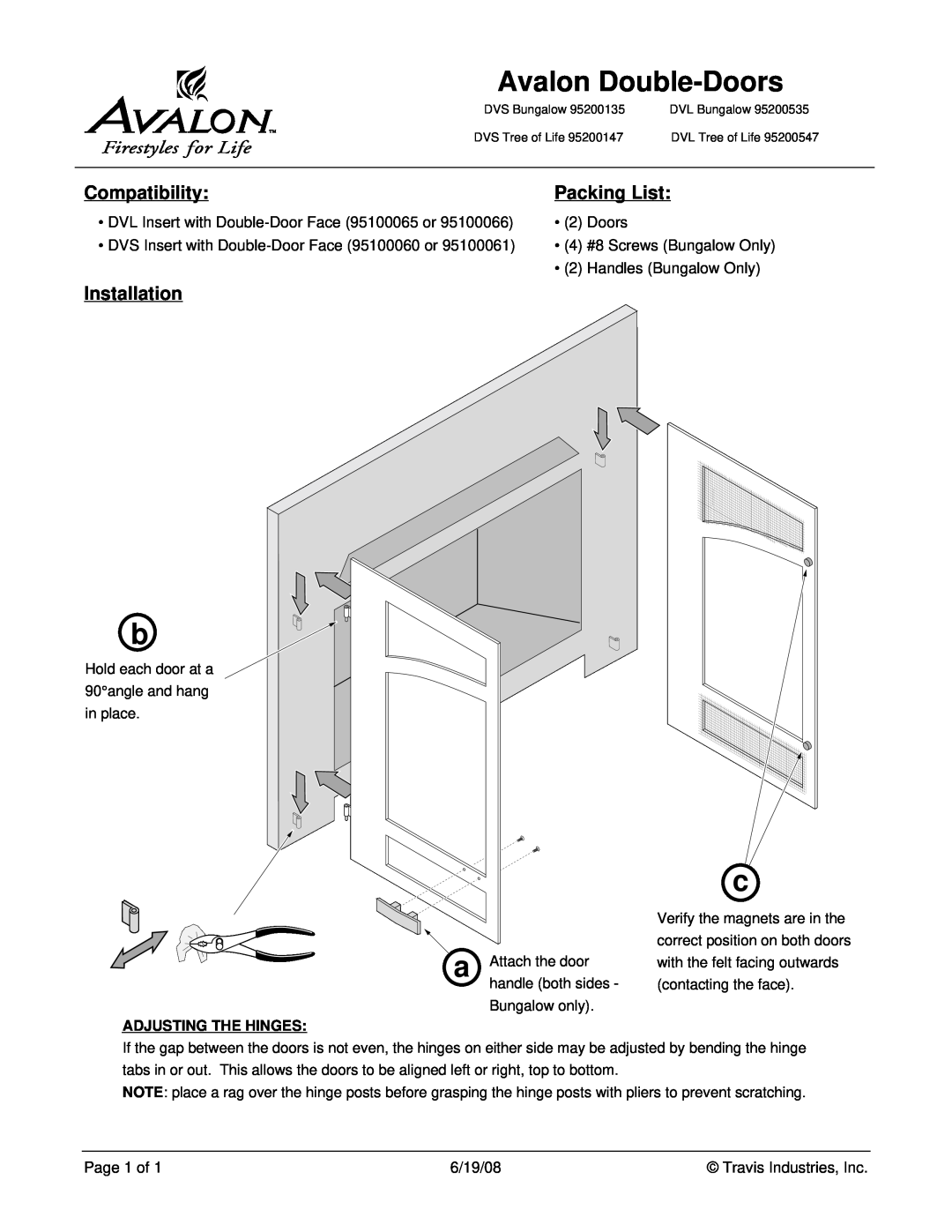 Avalon Stoves 95200135 manual Avalon Double-Doors, Compatibility, Packing List, Installation, Adjusting The Hinges 