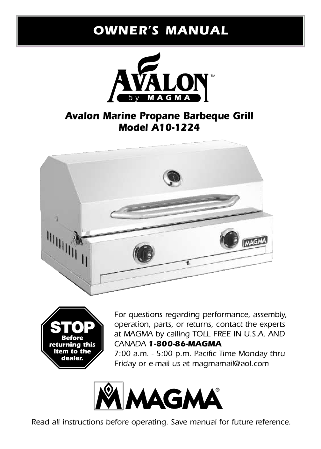 Avalon Stoves owner manual Avalon Marine Propane Barbeque Grill Model A10-1224 