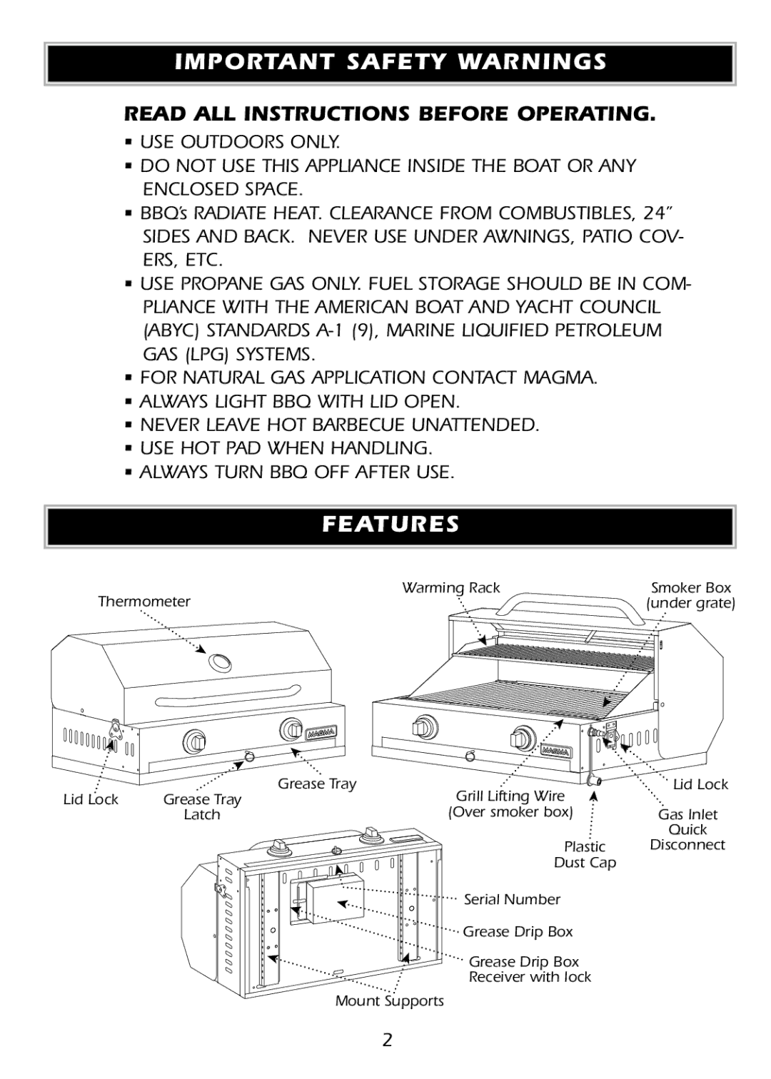 Avalon Stoves A10-1224 owner manual Important Safety Warnings, Features 