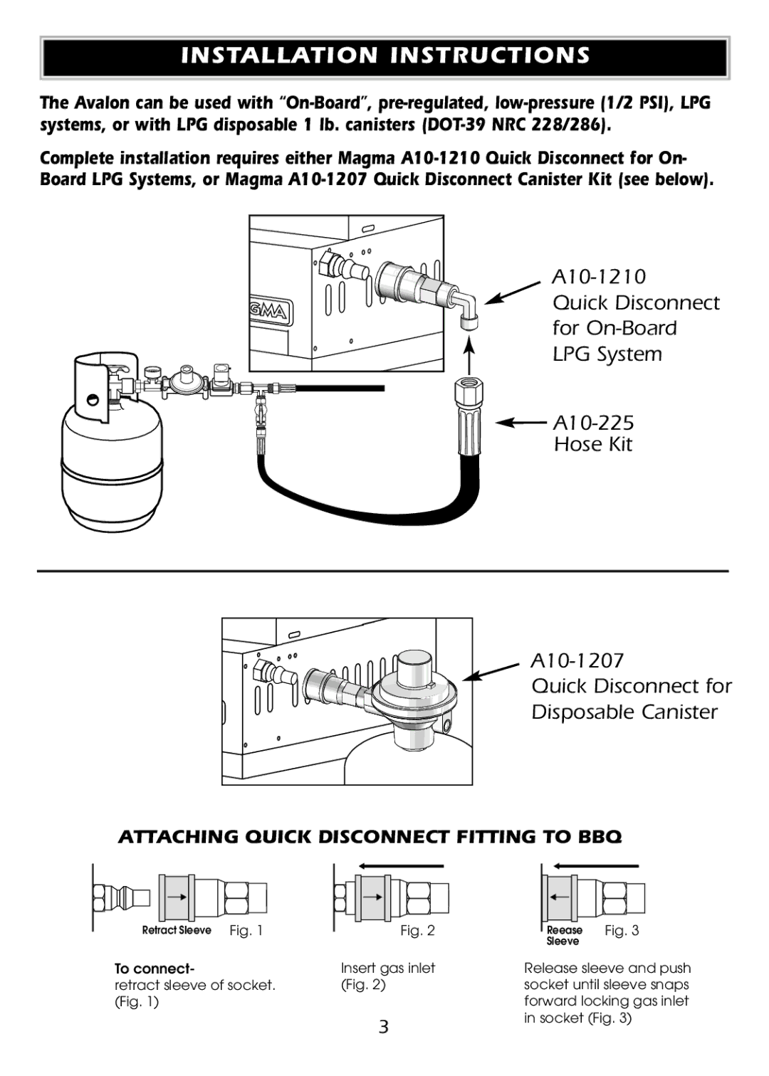 Avalon Stoves A10-1224 owner manual Installation Instructions, Attaching Quick Disconnect Fitting to BBQ 