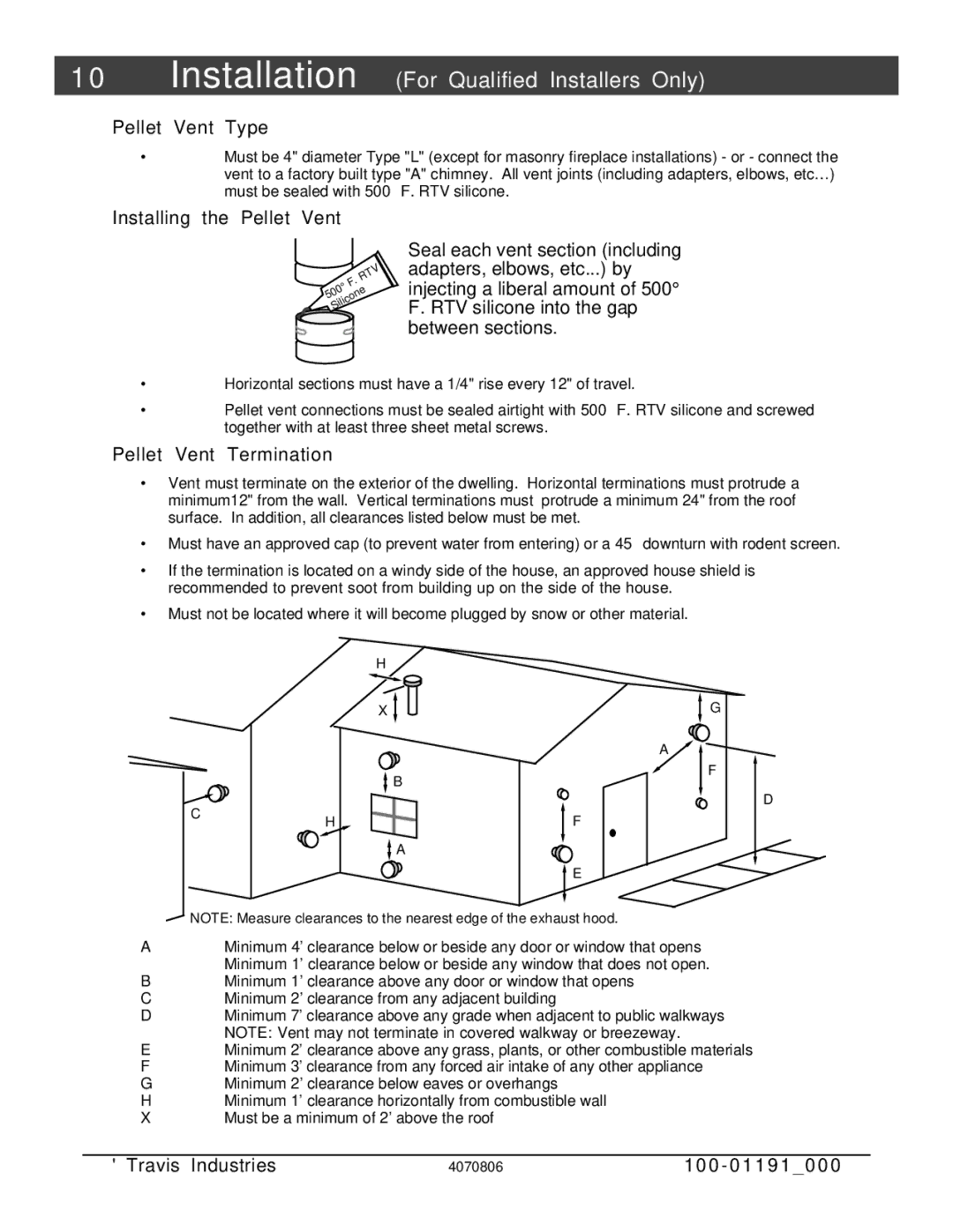 Avalon Stoves Arbor PS manual Pellet Vent Type, Installing the Pellet Vent, Pellet Vent Termination 