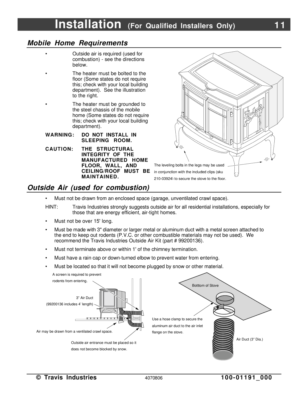 Avalon Stoves Arbor PS manual Mobile Home Requirements, Outside Air used for combustion 