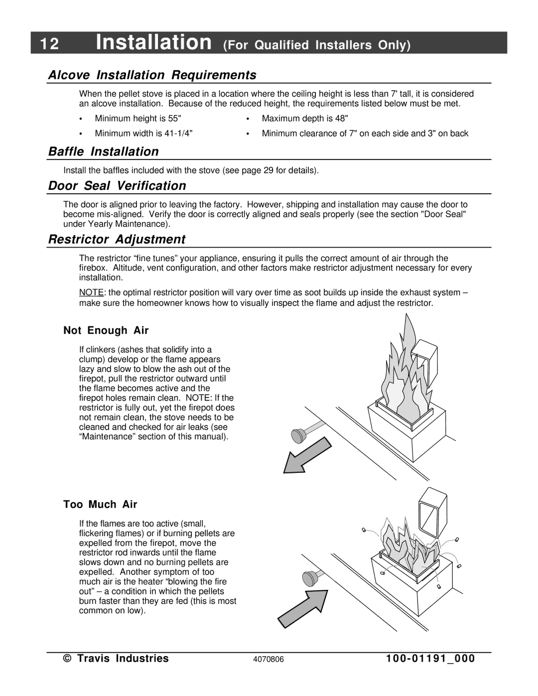 Avalon Stoves Arbor PS manual Alcove Installation Requirements, Baffle Installation, Door Seal Verification 