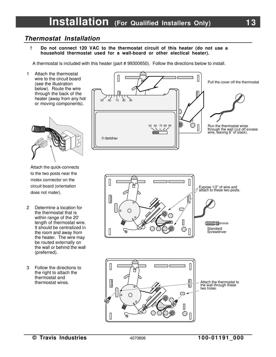 Avalon Stoves Arbor PS manual Thermostat Installation, Robertshaw 