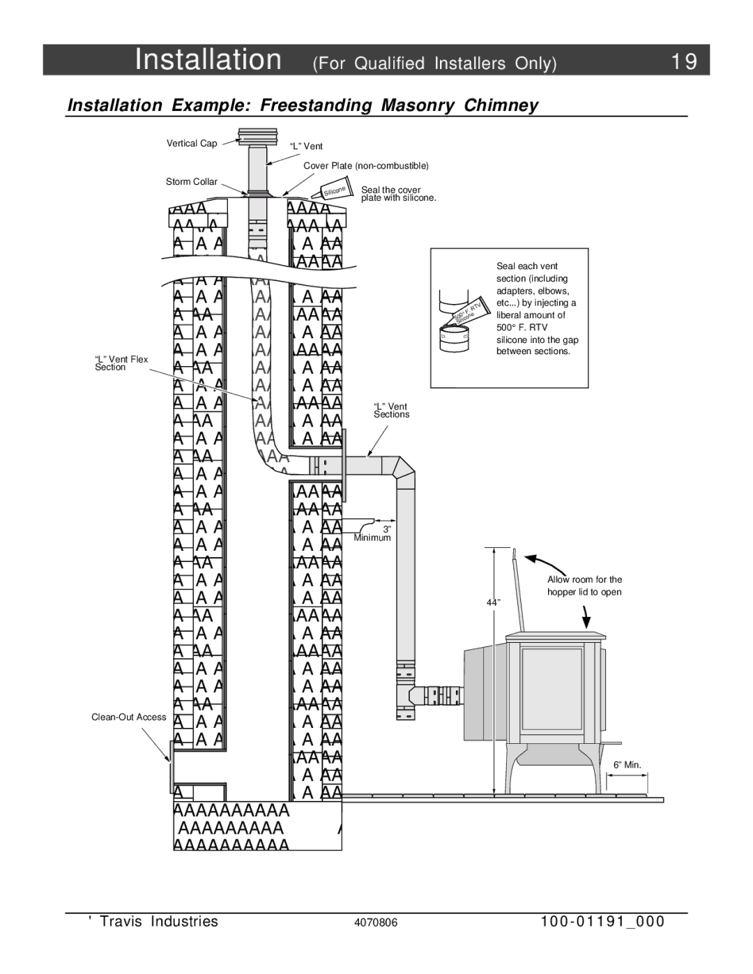 Avalon Stoves Arbor PS manual Installation Example Freestanding Masonry Chimney, Vent Flex Section 