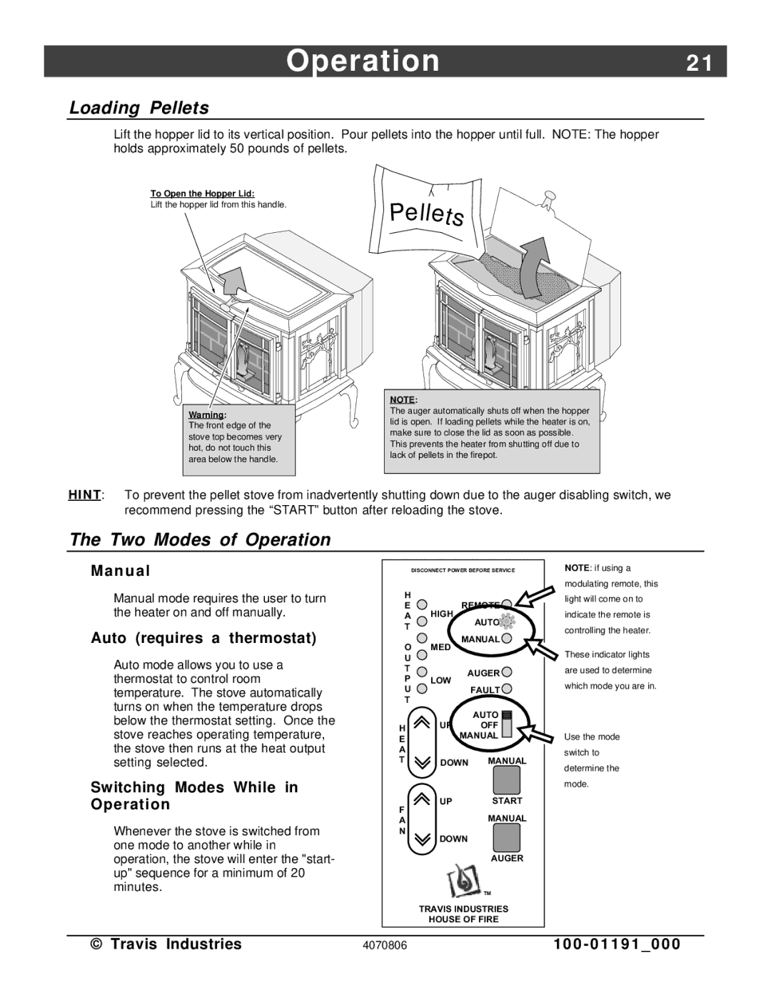 Avalon Stoves Arbor PS manual Operation2, Loading Pellets, Two Modes of Operation 