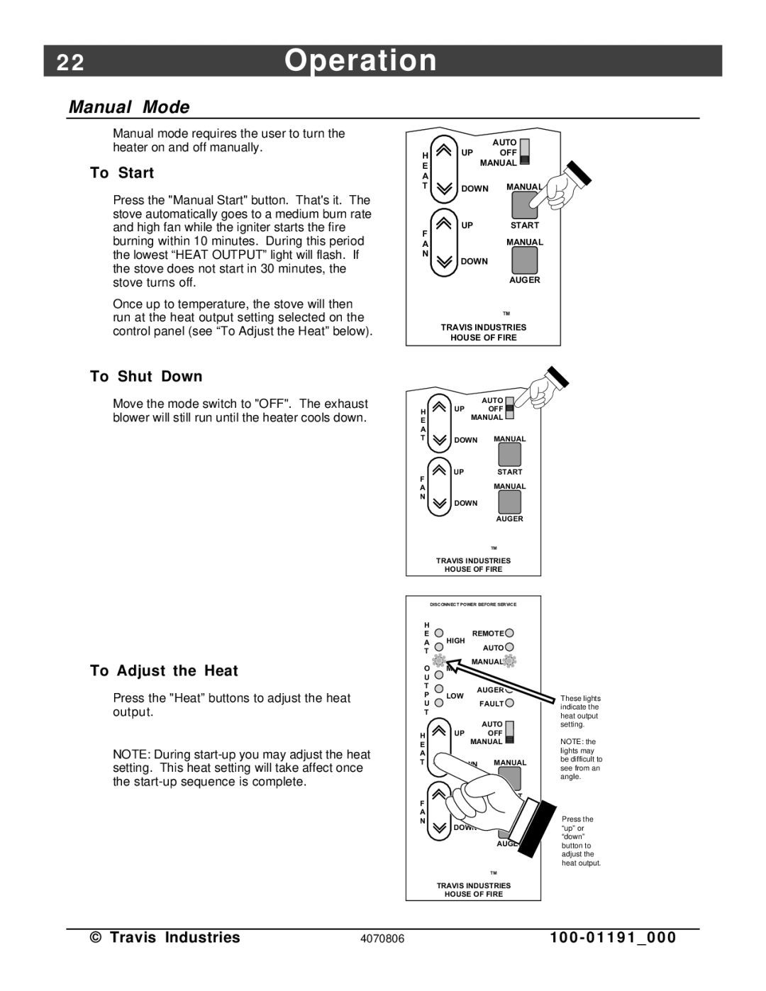 Avalon Stoves Arbor PS manual 2Operation, Manual Mode, To Start, To Shut Down, To Adjust the Heat 