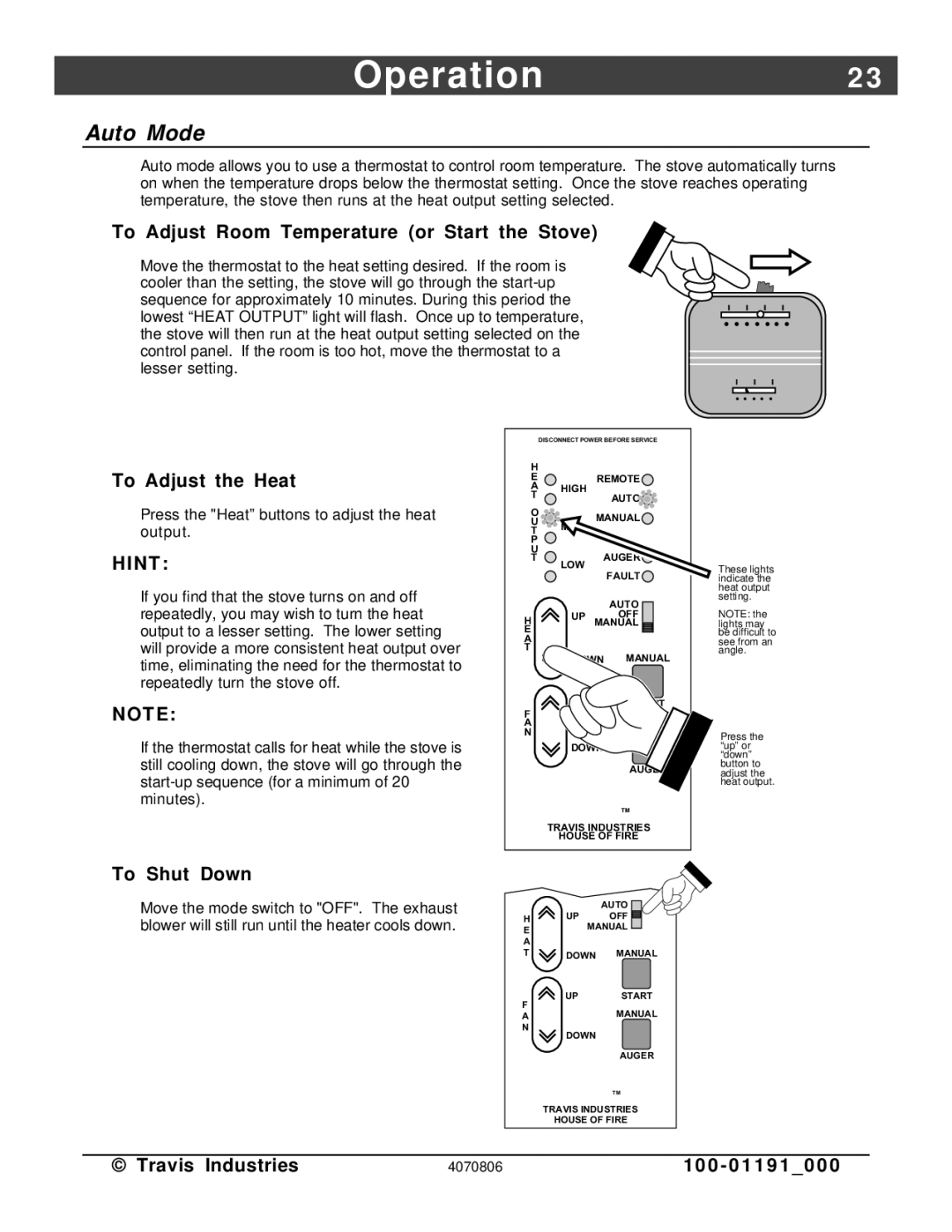 Avalon Stoves Arbor PS manual Auto Mode, To Adjust Room Temperature or Start the Stove 