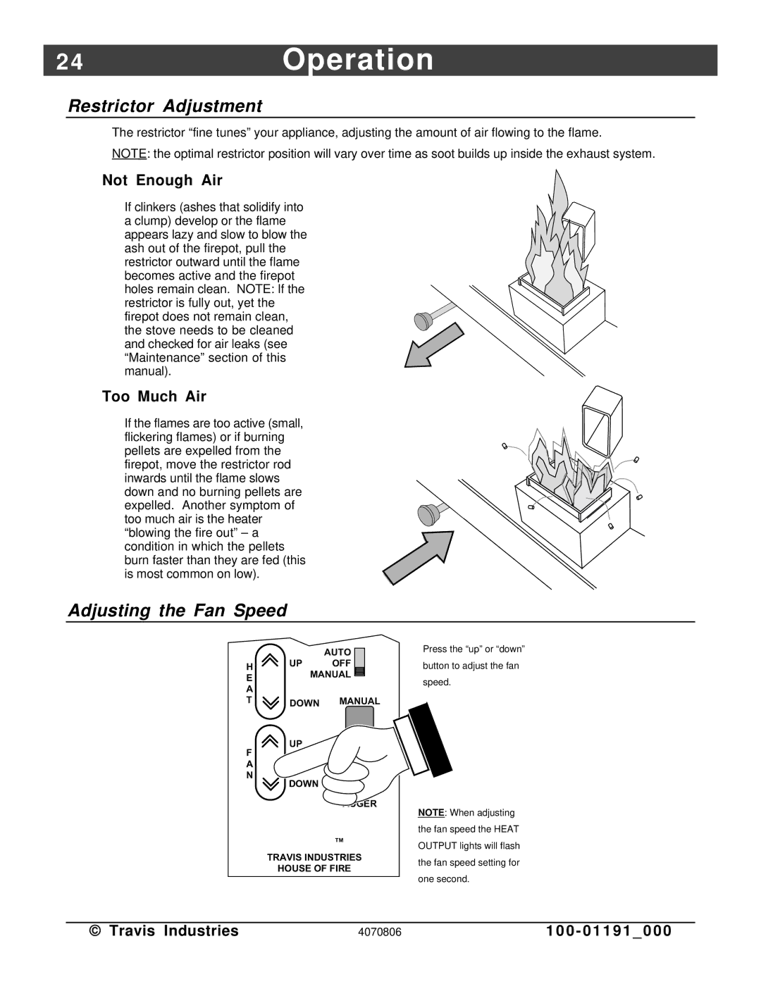 Avalon Stoves Arbor PS manual 4Operation, Adjusting the Fan Speed 