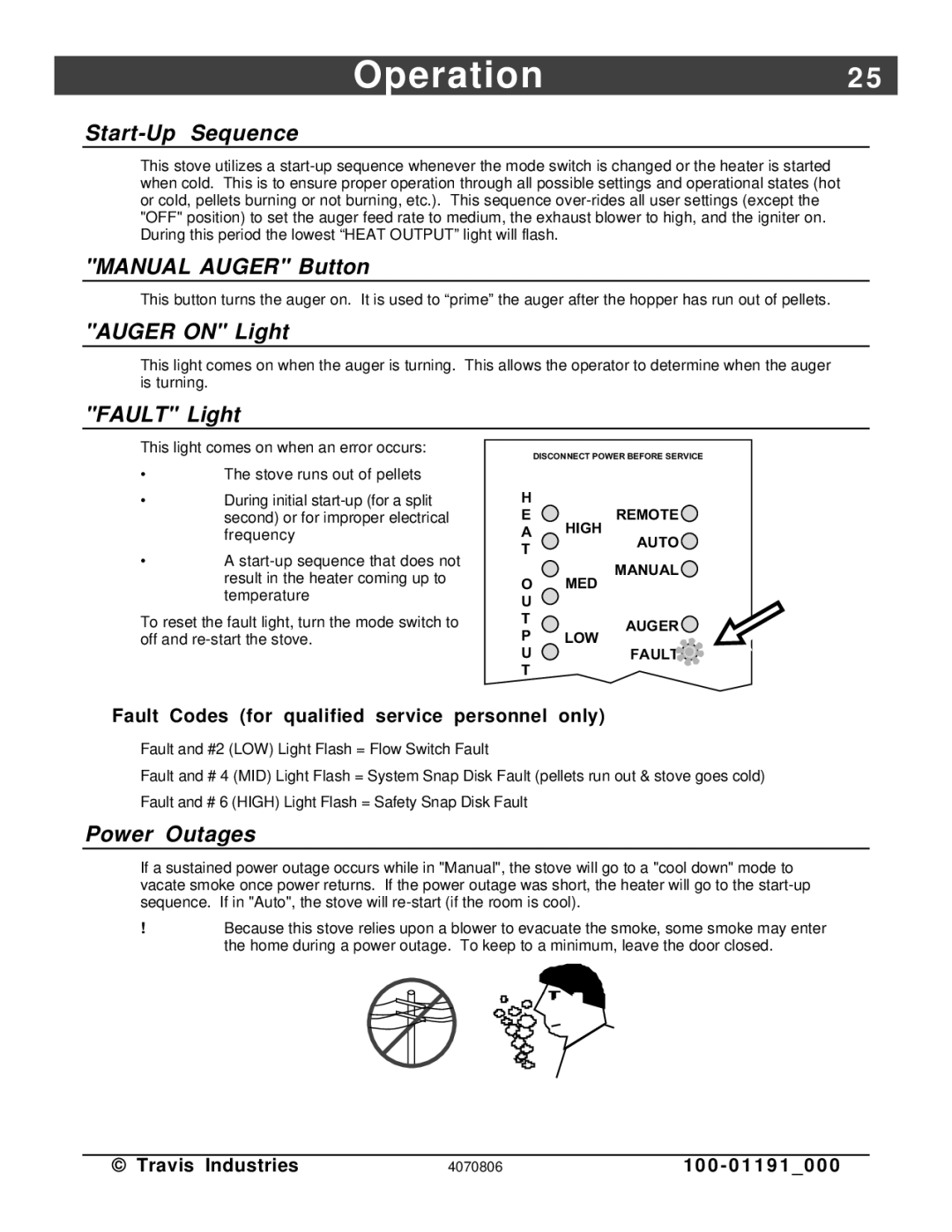 Avalon Stoves Arbor PS manual Start-Up Sequence, Manual Auger Button, Auger on Light, Fault Light, Power Outages 