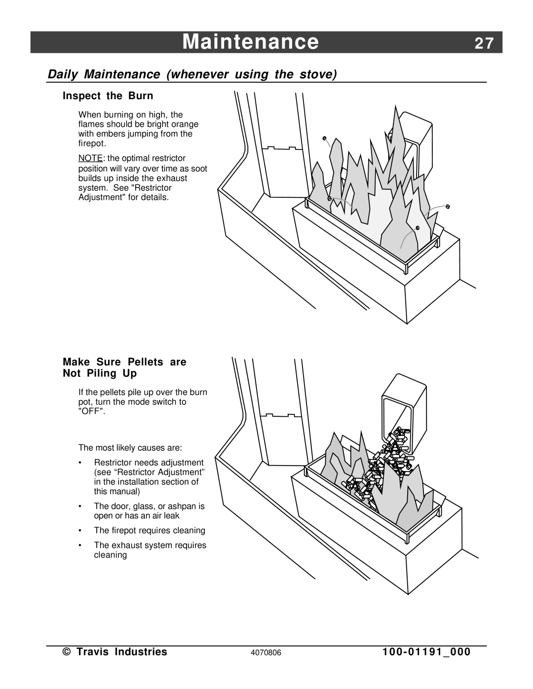 Avalon Stoves Arbor PS manual Maintenance2, Daily Maintenance whenever using the stove, Inspect the Burn 