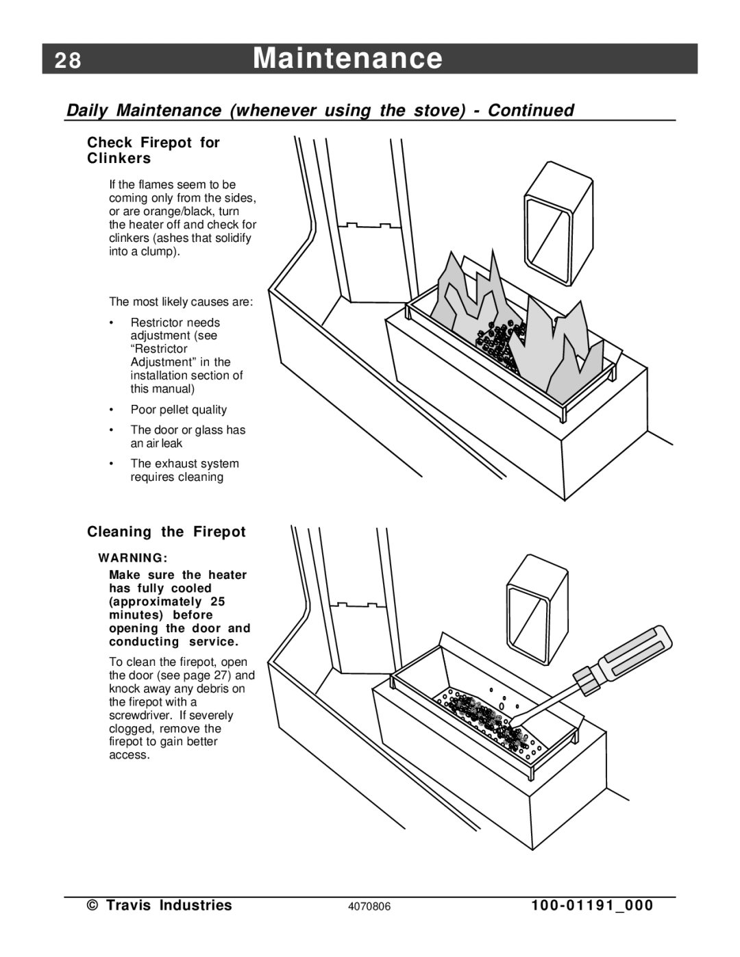 Avalon Stoves Arbor PS manual 8Maintenance, Check Firepot for Clinkers, Cleaning the Firepot 