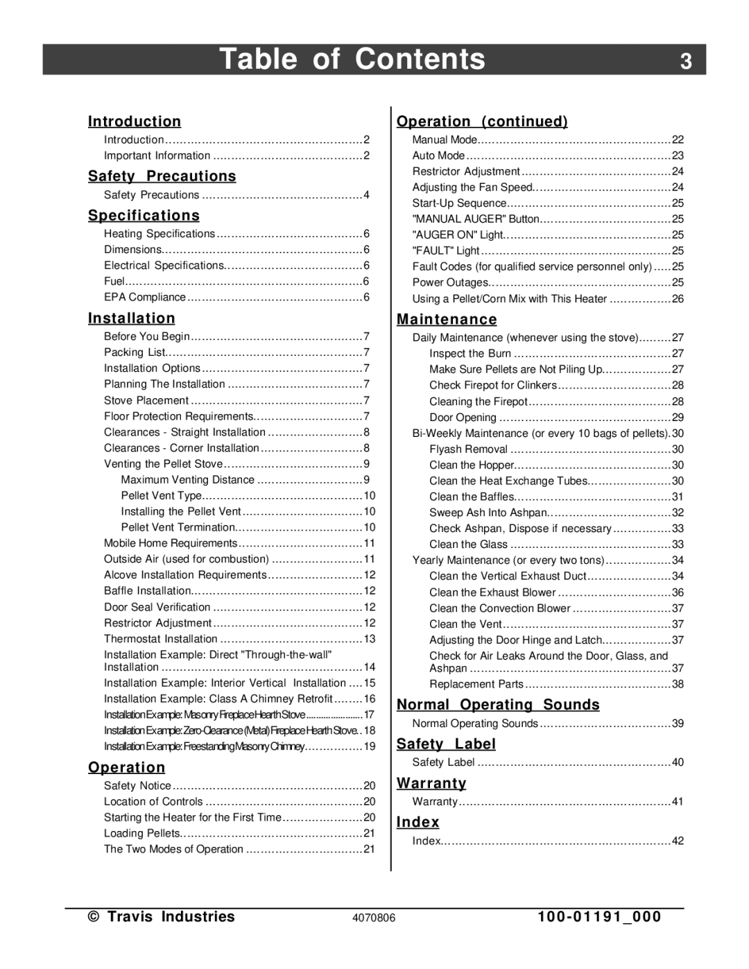 Avalon Stoves Arbor PS manual Table of Contents 