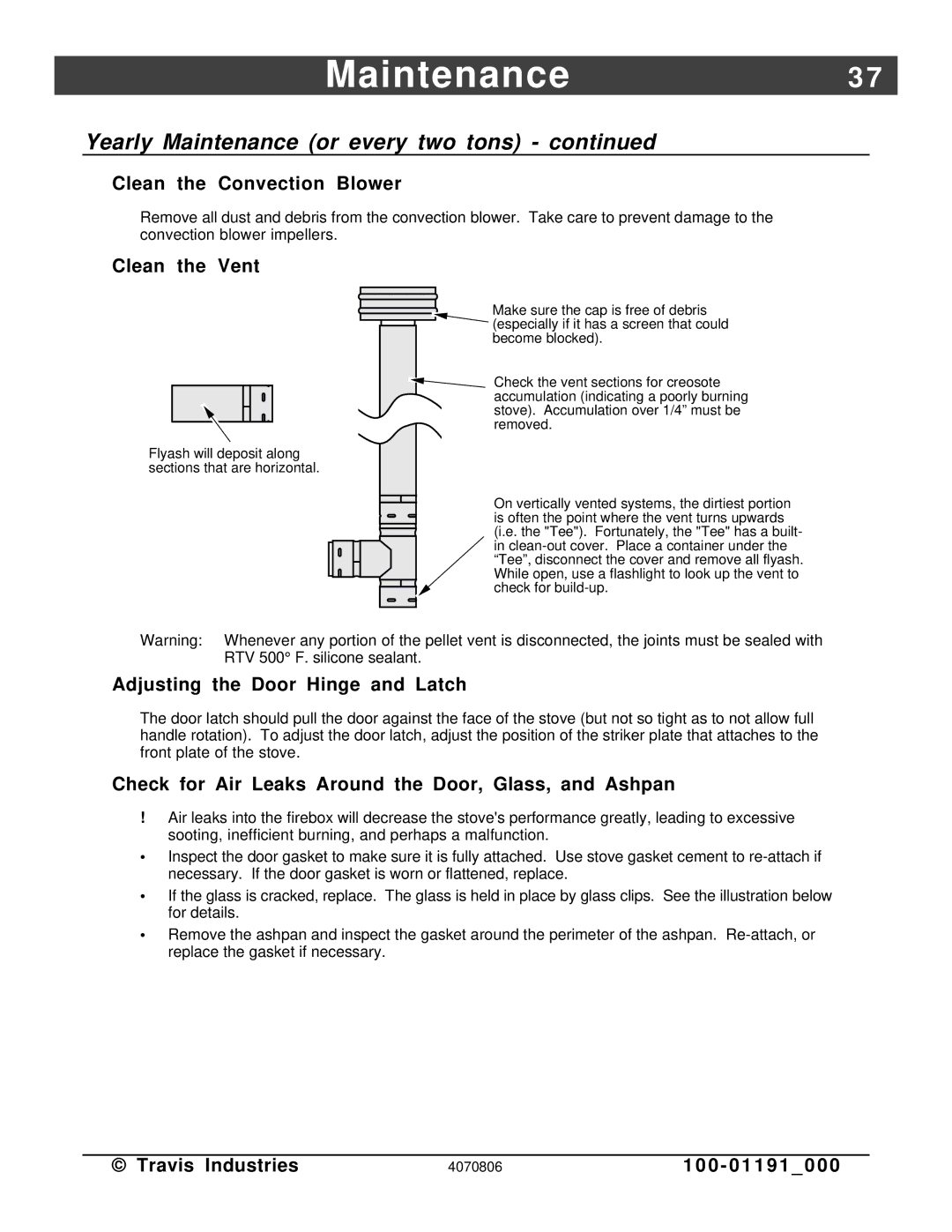 Avalon Stoves Arbor PS manual Clean the Convection Blower, Clean the Vent, Adjusting the Door Hinge and Latch 