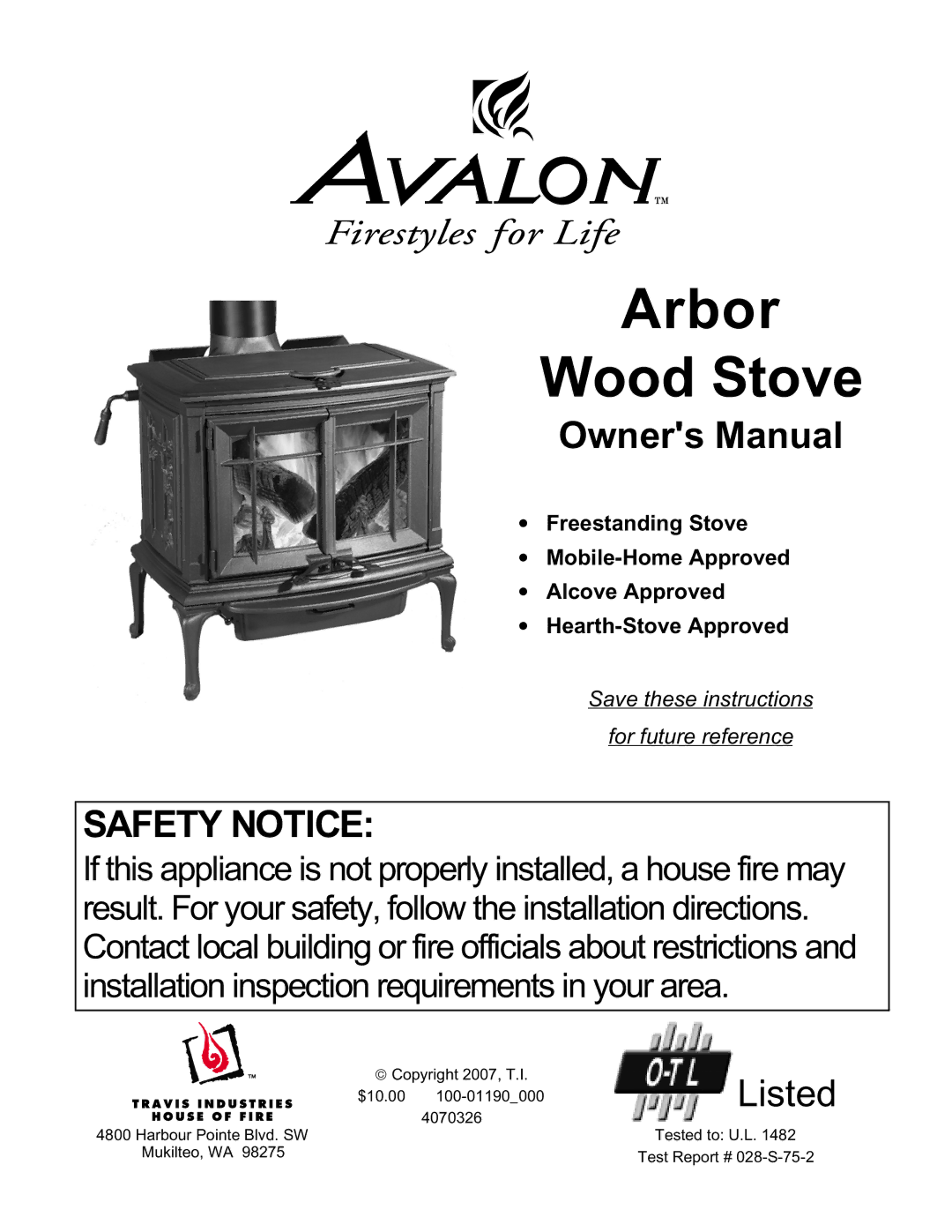 Avalon Stoves owner manual Arbor Wood Stove 