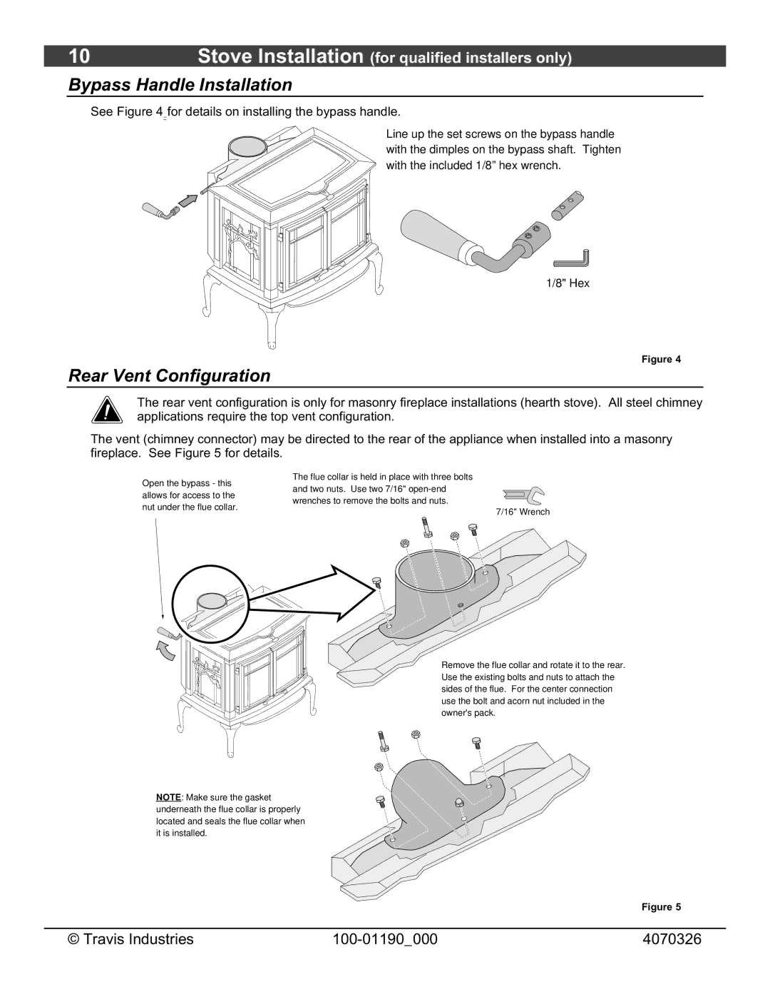 Avalon Stoves Arbor owner manual Bypass Handle Installation, Rear Vent Configuration 