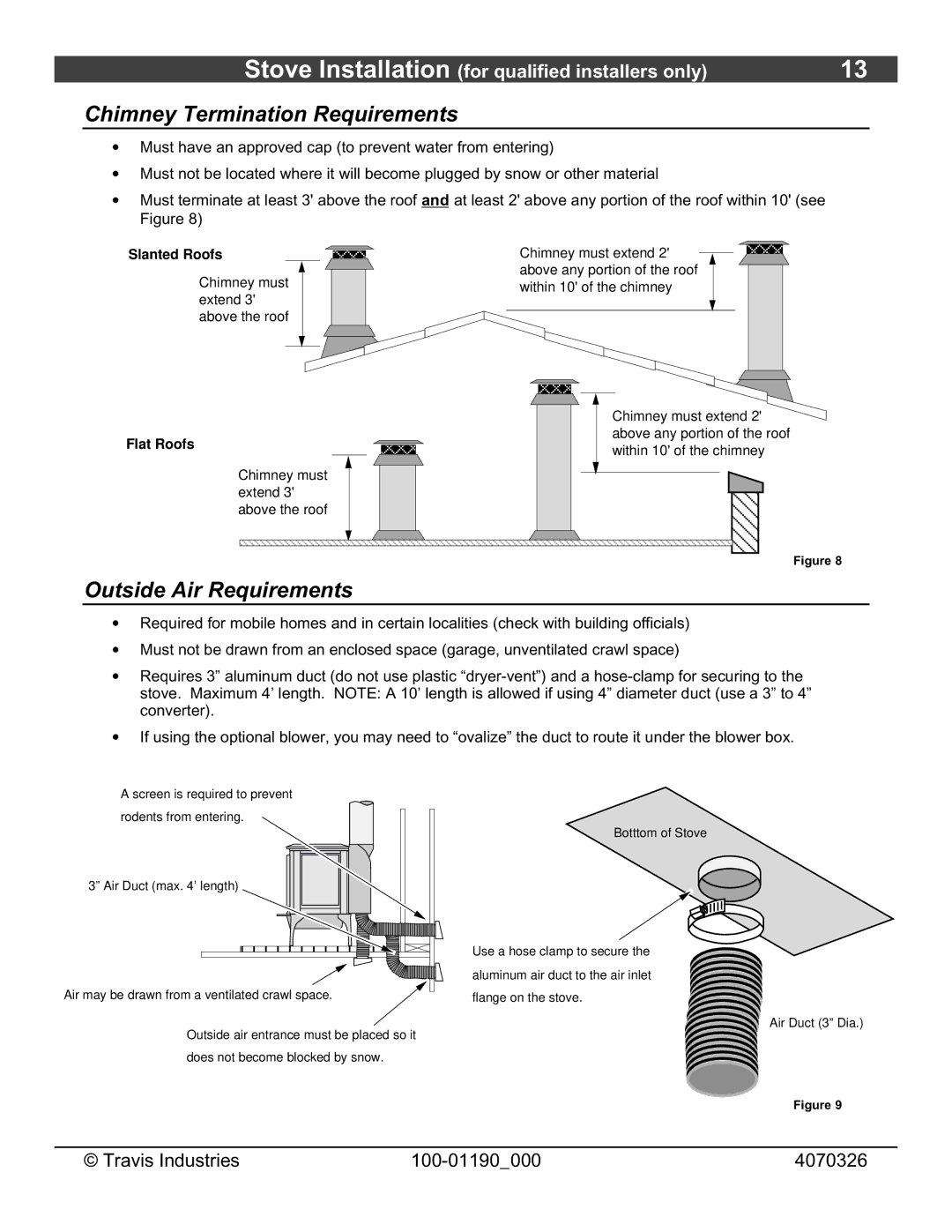 Avalon Stoves Arbor owner manual Chimney Termination Requirements, Outside Air Requirements 